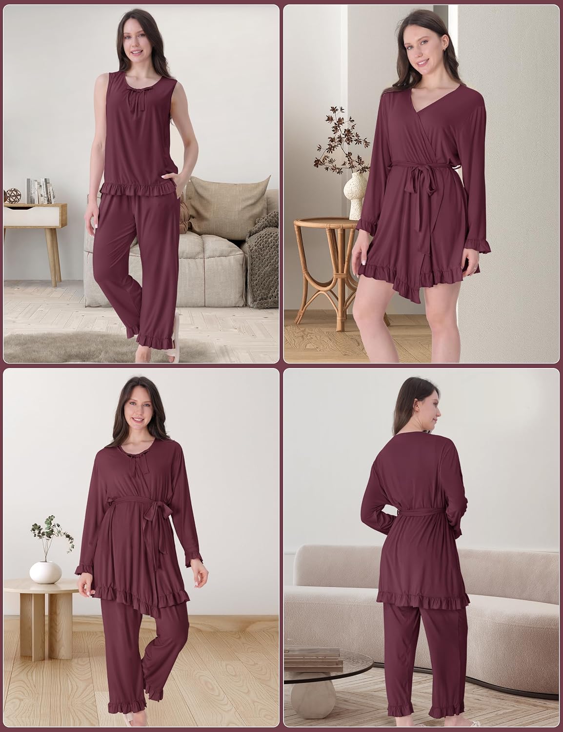 SUNNYBUY Maternity Nursing Pajamas Robe Set 3PCS Ruffle Bowknot Postpartum Breastfeeding PJs for Hospital Labor Delivery