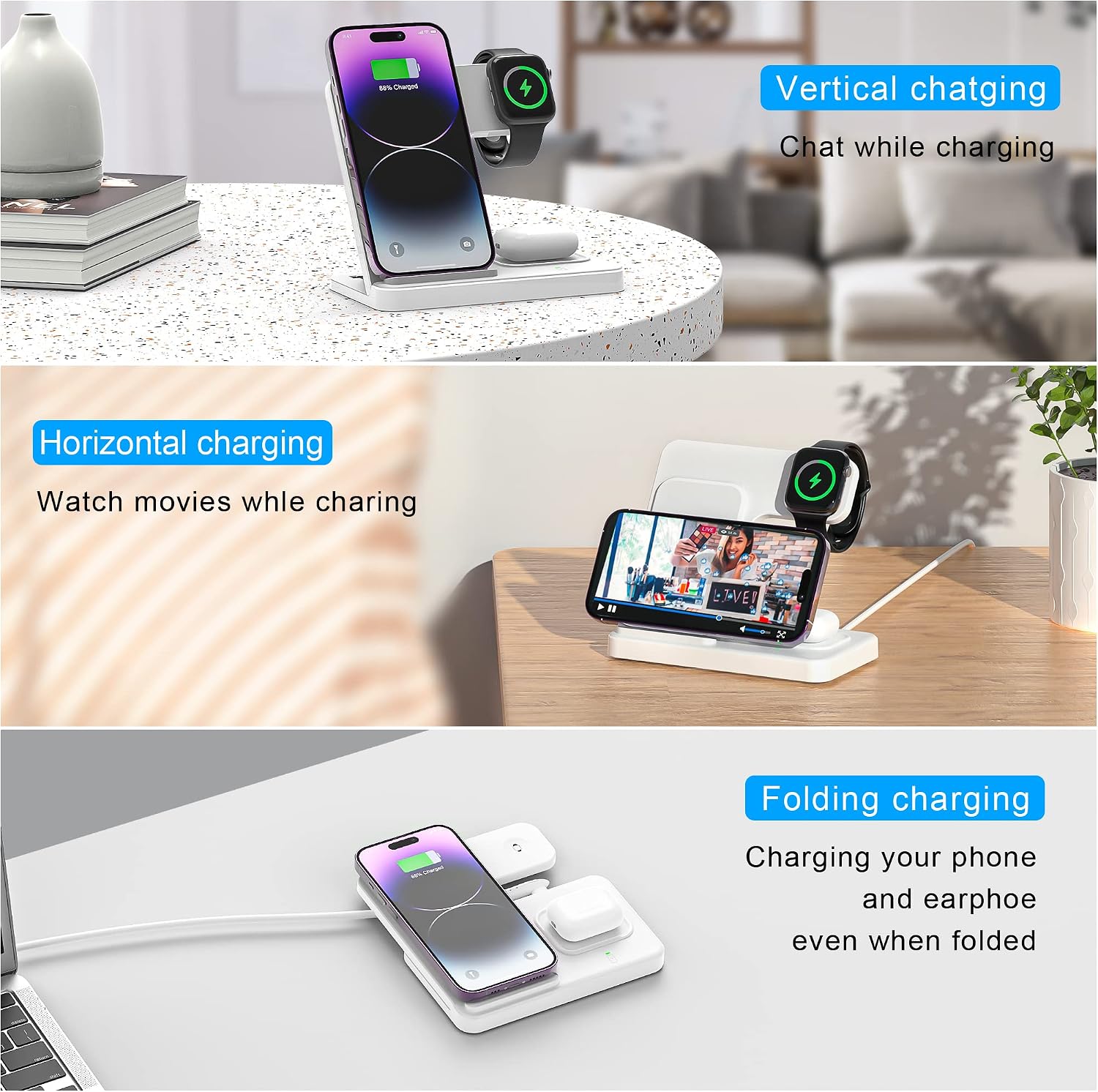 3 in 1 Wireless Foldable Charging Station,Folding Fast Charger Dock Stand for Apple iPhone 14/13/12/11/Pro/Max/XS/XR/X/Plus/Apple Watch 7/6/5/4/3/2/SE, AirPods 3/2(with Adapter)