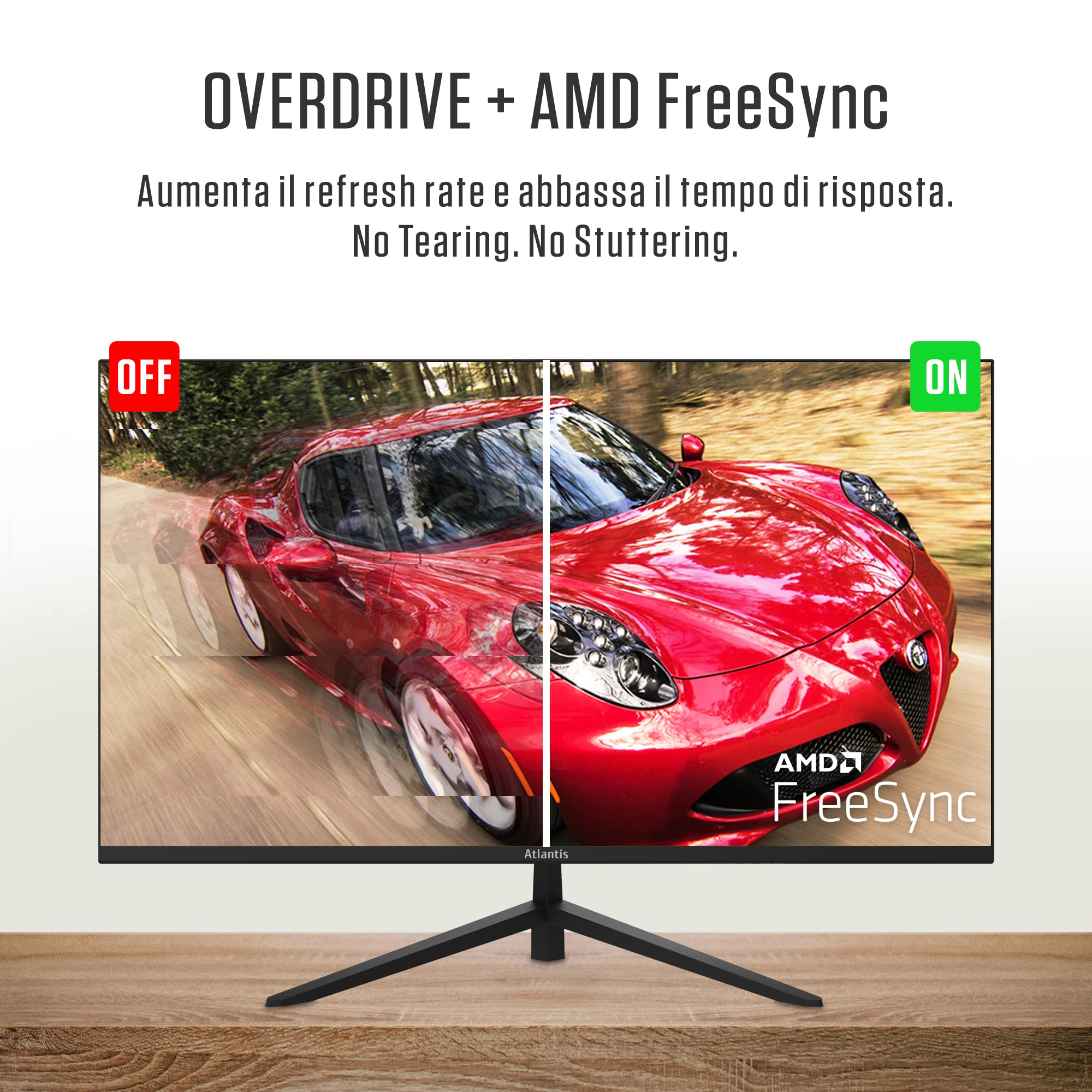 Atlantis Monitor 24 pollici, schermo 24" IPS 75Hz, Full HD 1920x1080, VGA HDMI, MULTIMEDIALE, FreeSync, Uscita Audio/Cuffie, inclinabile, risposta 5ms, Contrasto 1000:1, Angolo 178/178, Cavo HDMI 1,5m