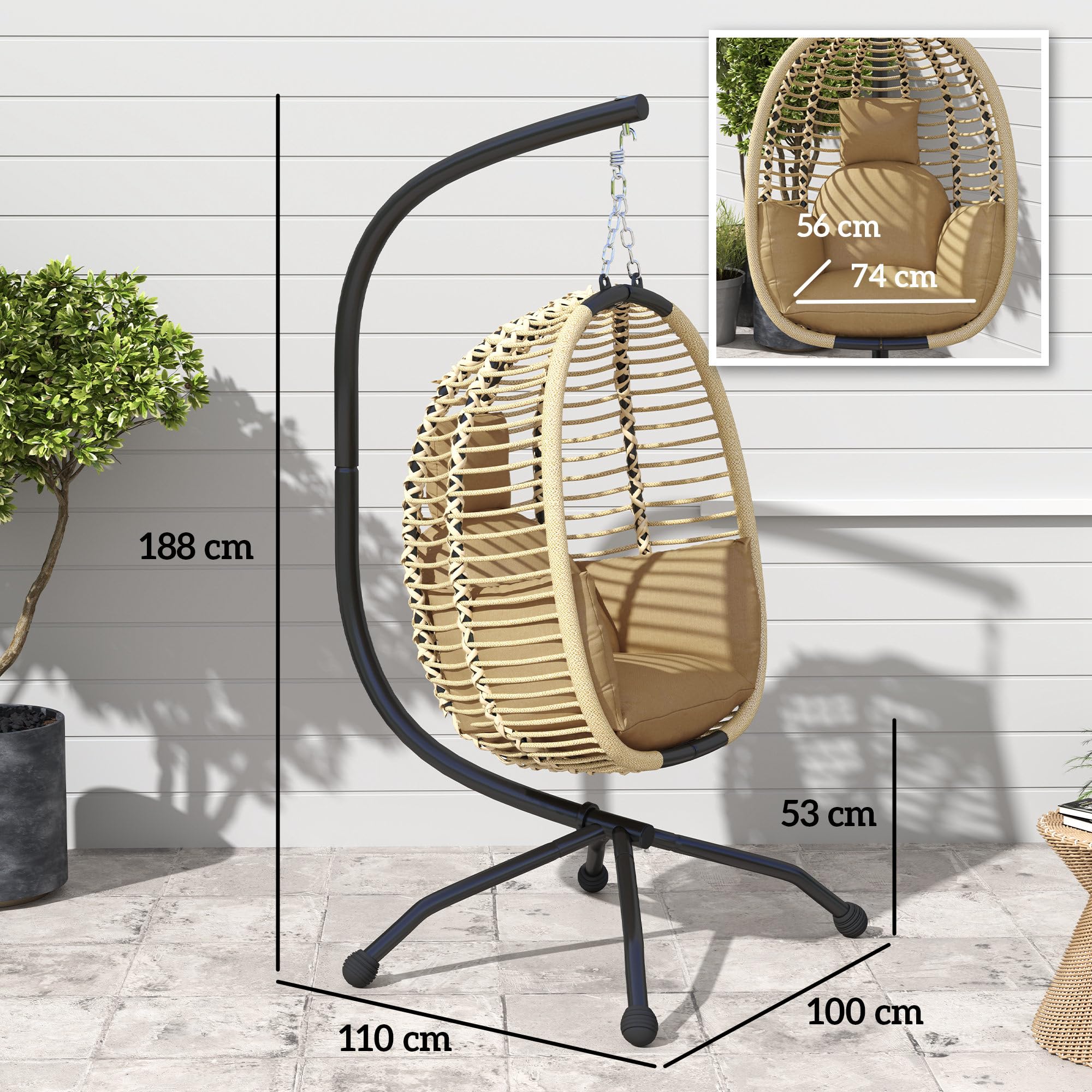 Outsunny Poltrona Sospesa a Uovo con Gancio, Cuscino Imbottito e Poggiatesta, Sedia a Dondolo da Giardino Pieghevole, Base a X in Acciaio, per Interni ed Esterni, 110x100x188 cm, Beige