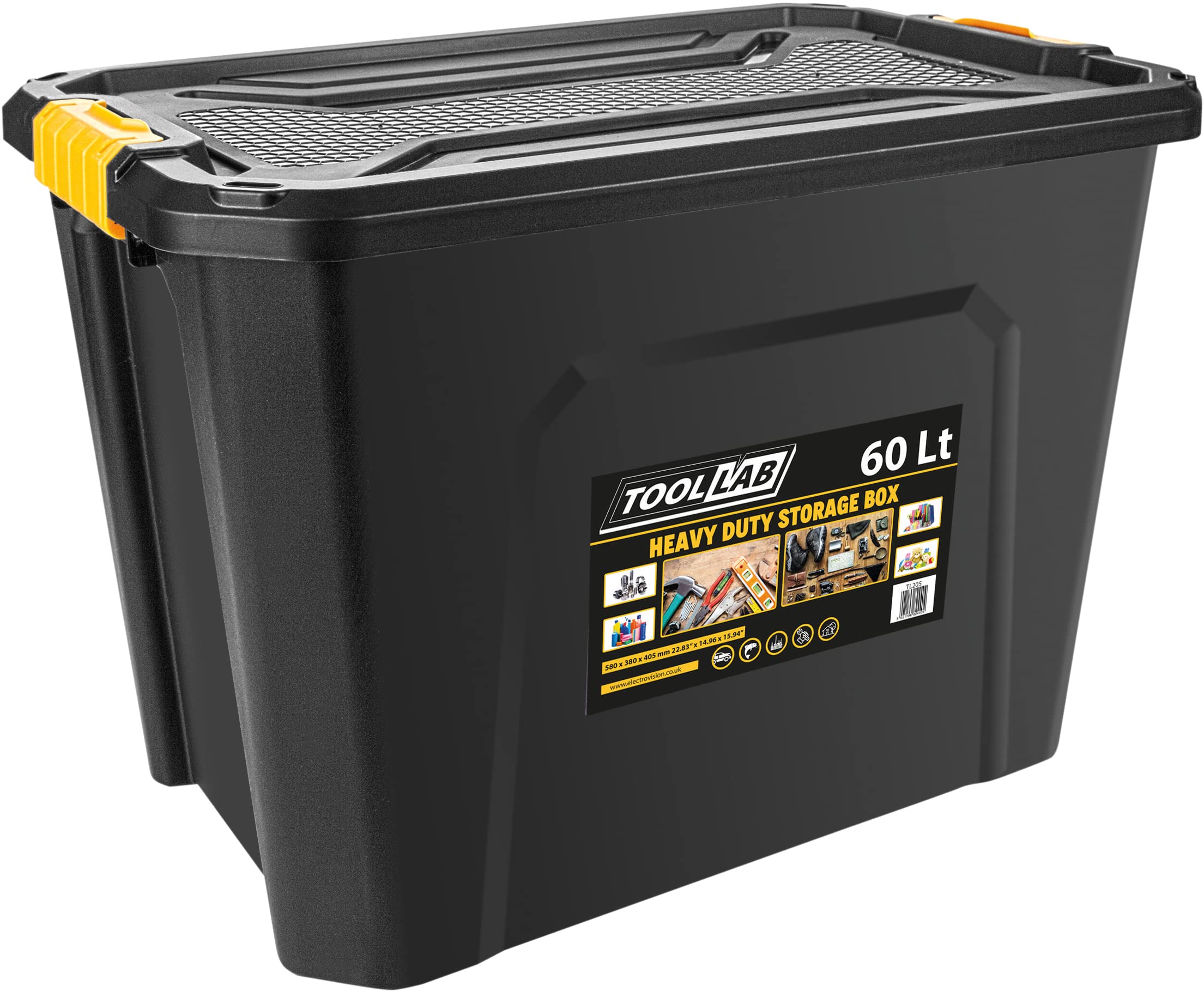 Tool Lab Heavy Duty Polypropylene Storage Box with Clip on Lid. Ideal for storing items in garages and lofts. (60 Litre : 580 x 380 x 405mm)