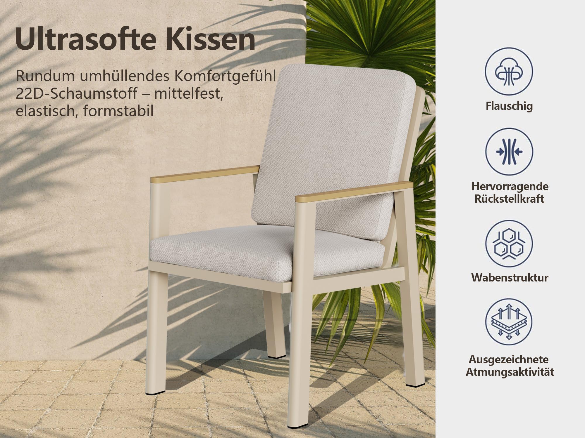 LANOX Aluminium Gartenmöbel Set mit Tisch und 4 Stühlen | Wetterfest & rostfrei, Tisch 150x80cm, Tischplatte in Holzoptik, inklusive 22D Schaumstoffpolster, für Terrasse & Garten