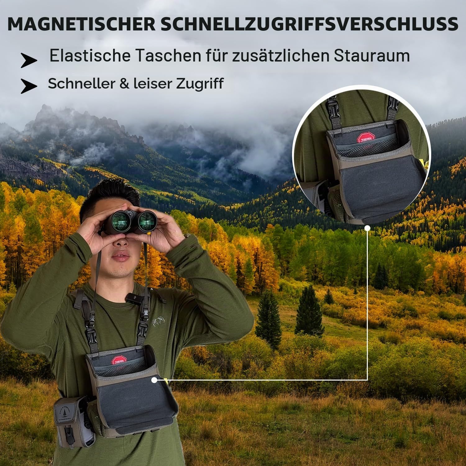 Dale & Company Recon Pro Fernglas-Brusttasche mit Magnetverschluss – wasserdichte Bino-Tasche mit Entfernungsmesser-Tasche, Handyhalter, Objektivreiniger – perfekt für Jagd, Wandern, Vogelbeobachtung