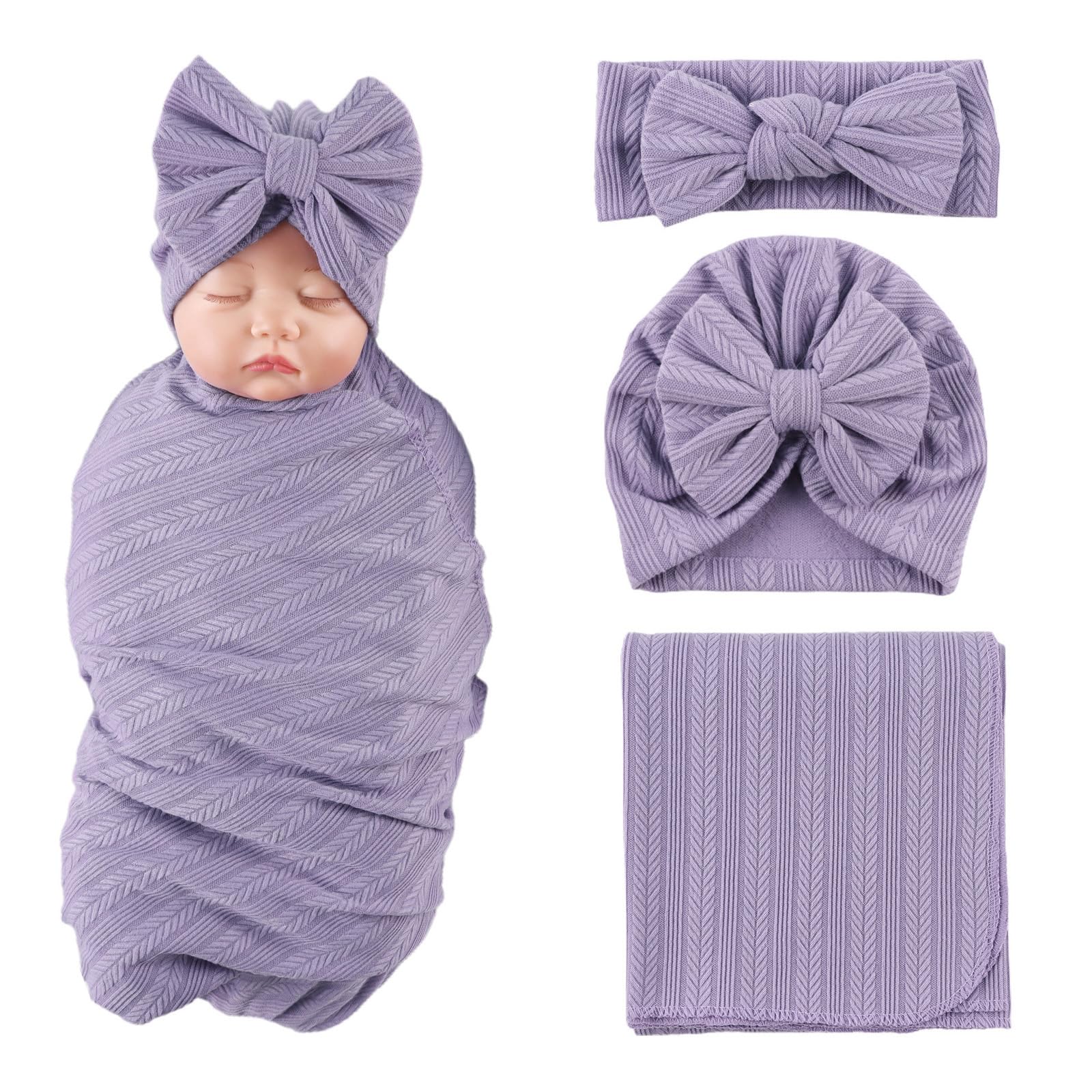 MniJiza Newborn Swaddle Blanket Baby Girls Receiving Blankets with Headband Beanie Hat Set Soft Nursery Swaddle Wrap (Purple)
