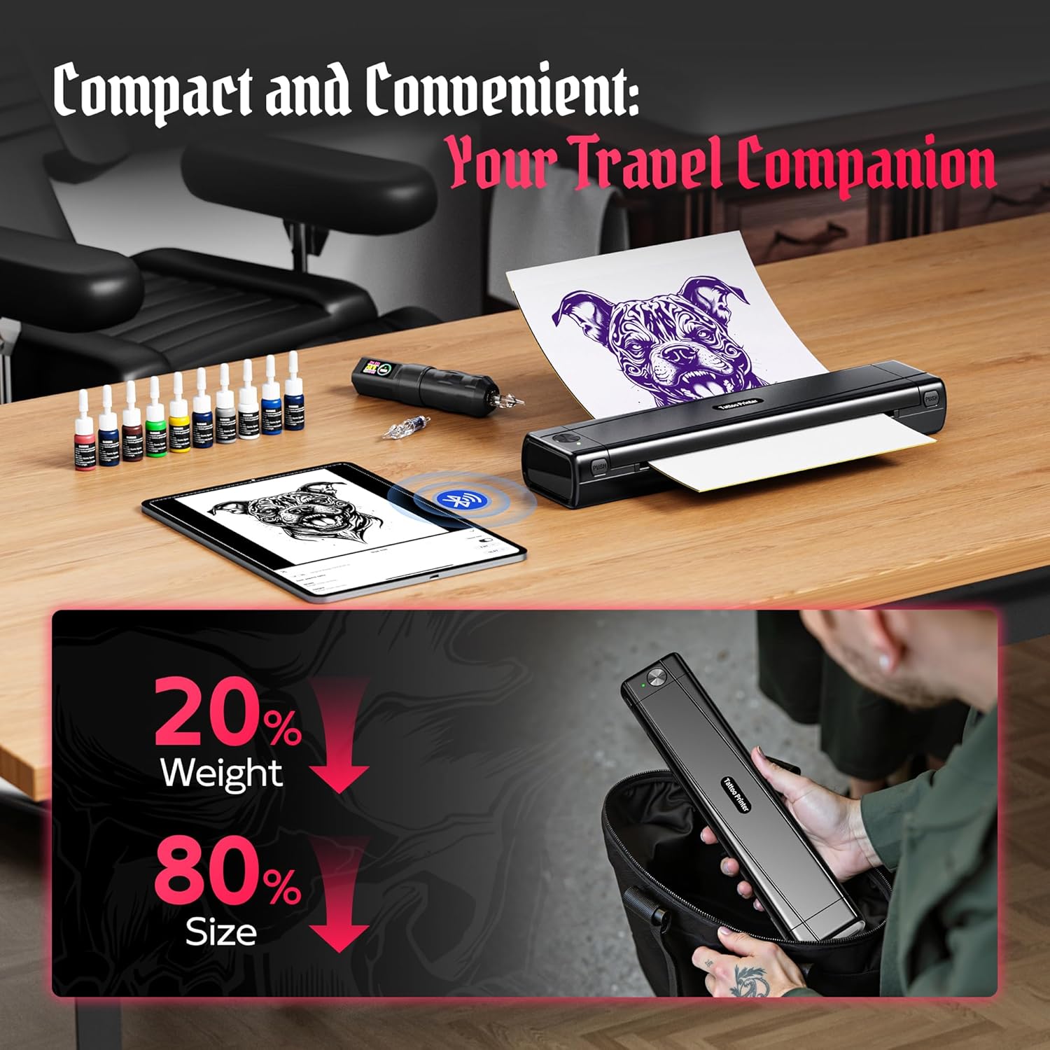 Image comparing the compact size of the TATTMUSE printer to a traditional one, highlighting its portability