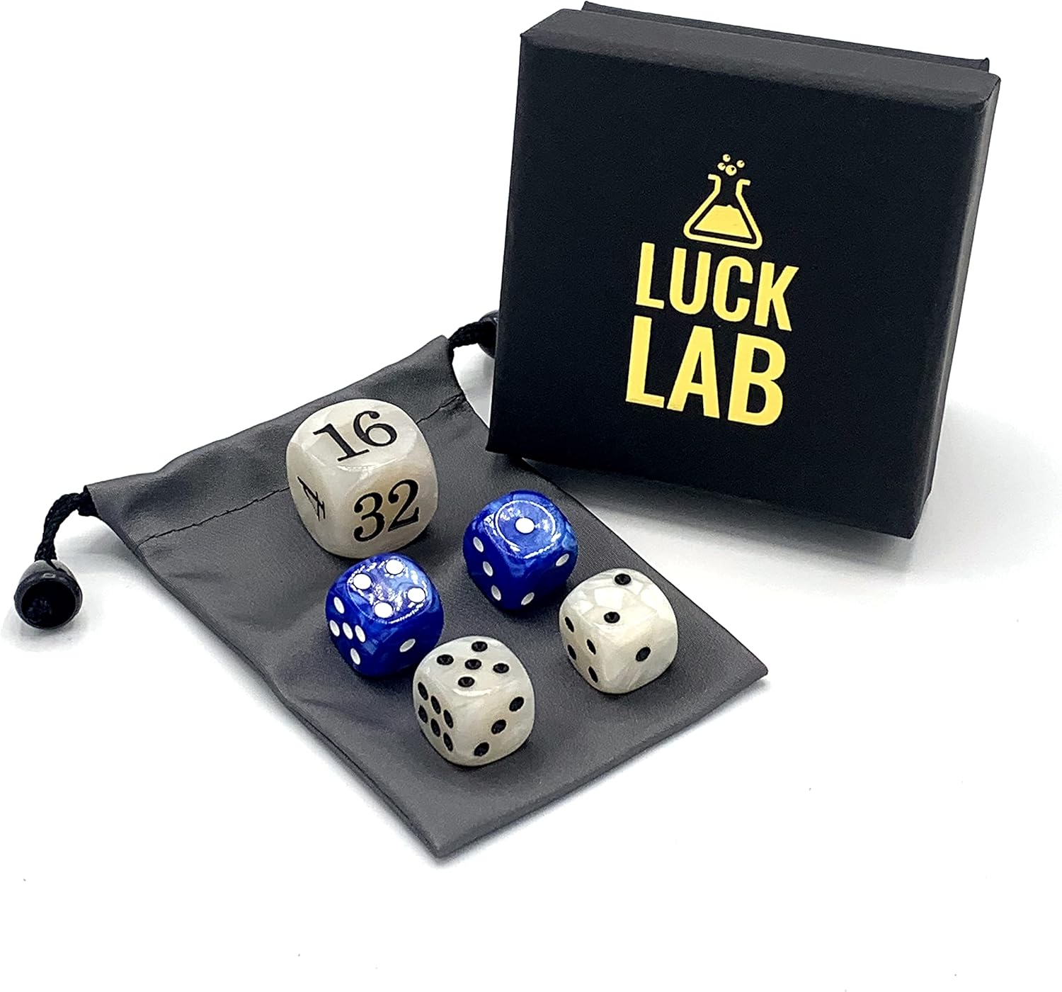 Luck Lab Backgammon Pearl Dice Set - 22 mm Doubling Cube Plus Four 16 mm Dice with Bonus Bag, Blue/White Marbelized
