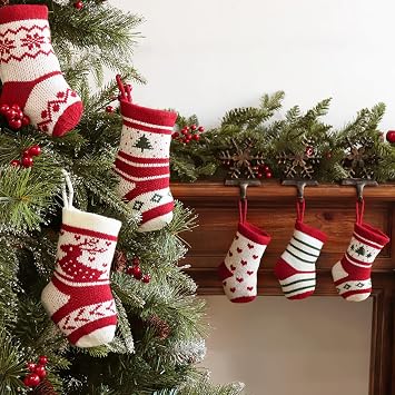 Mini Christmas Stockings, 7 Inchs Knitted Christmas Stocking Cute Holiday Decorations, 6 Pack Xmas Stockings, Burgundy, Green, Ivory White