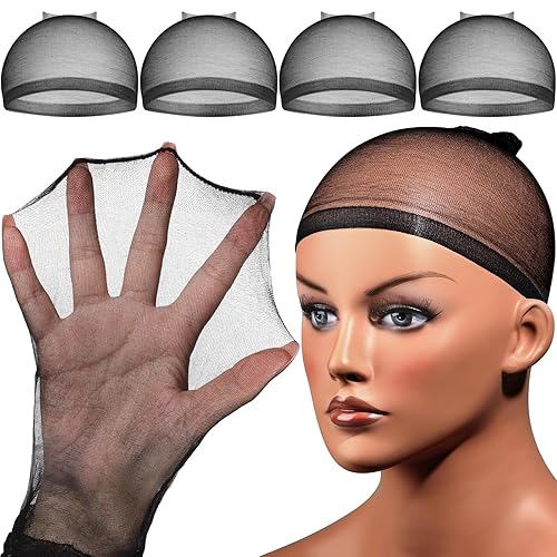 Fandamei Gorras de peluca HD superfinas, 4 unidades, color negro ultrafino, gorra de peluca de nailon para mujer, elástica, natural transparente HD,