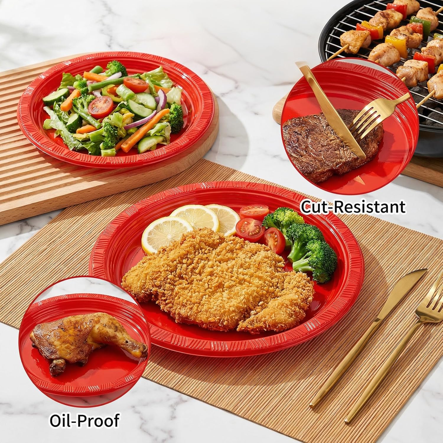 WELLIFE 50pcs Red 12 Inch Oval Plastic Plates, Disposable Heavy Duty Oval Serving Platters, Large Plastic Oval Dinner Plates for 4th of July, Holiday Party, Family Gathering, BBQ & Catering