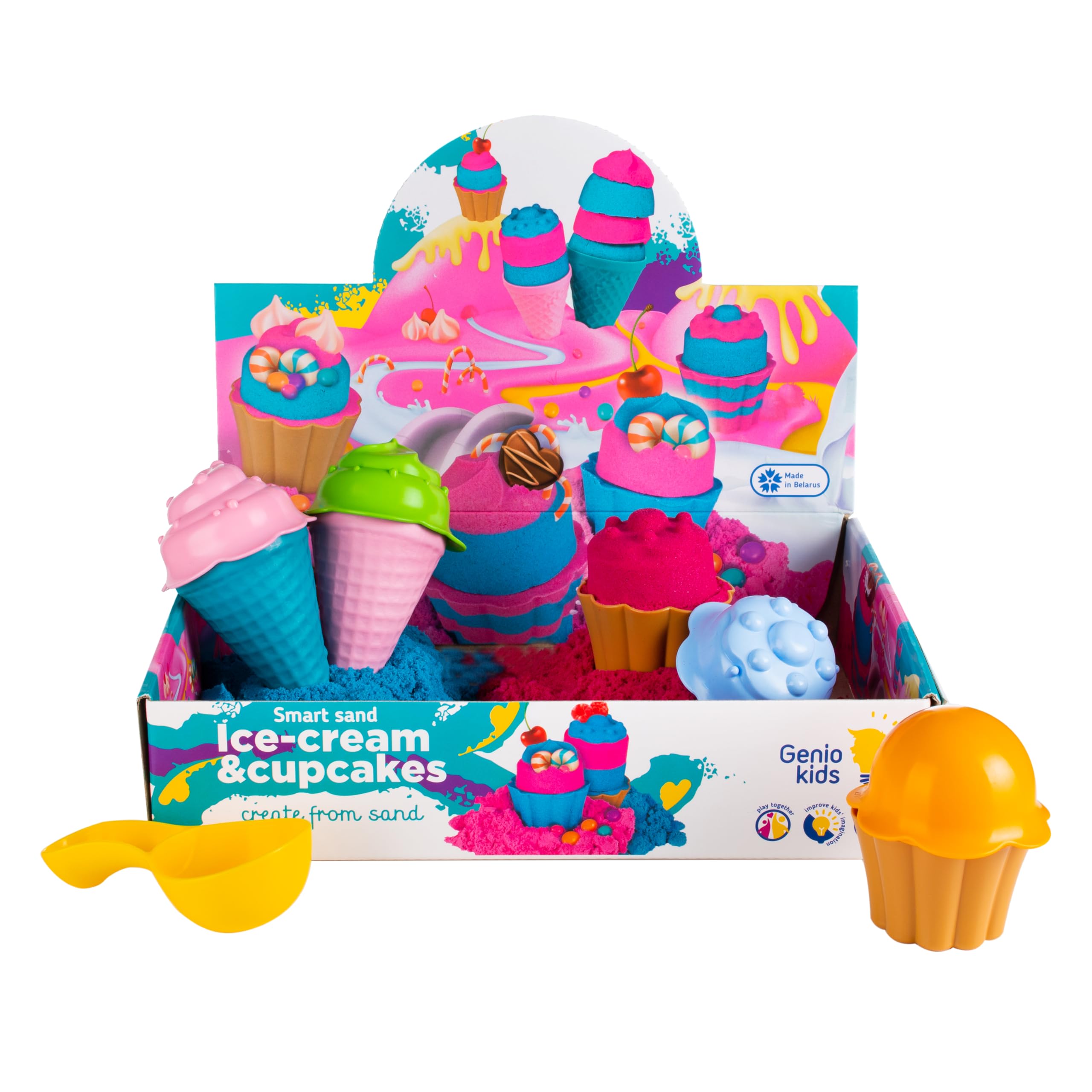 Genio Kids Piasek Magiczny 1 kg Lody i Babeczki, Różowy i Niebieski - Kolorowy Piasek, Magiczny Piasek Idealny do Kreatywnych i Edukacyjnych Zabaw dla Dzieci