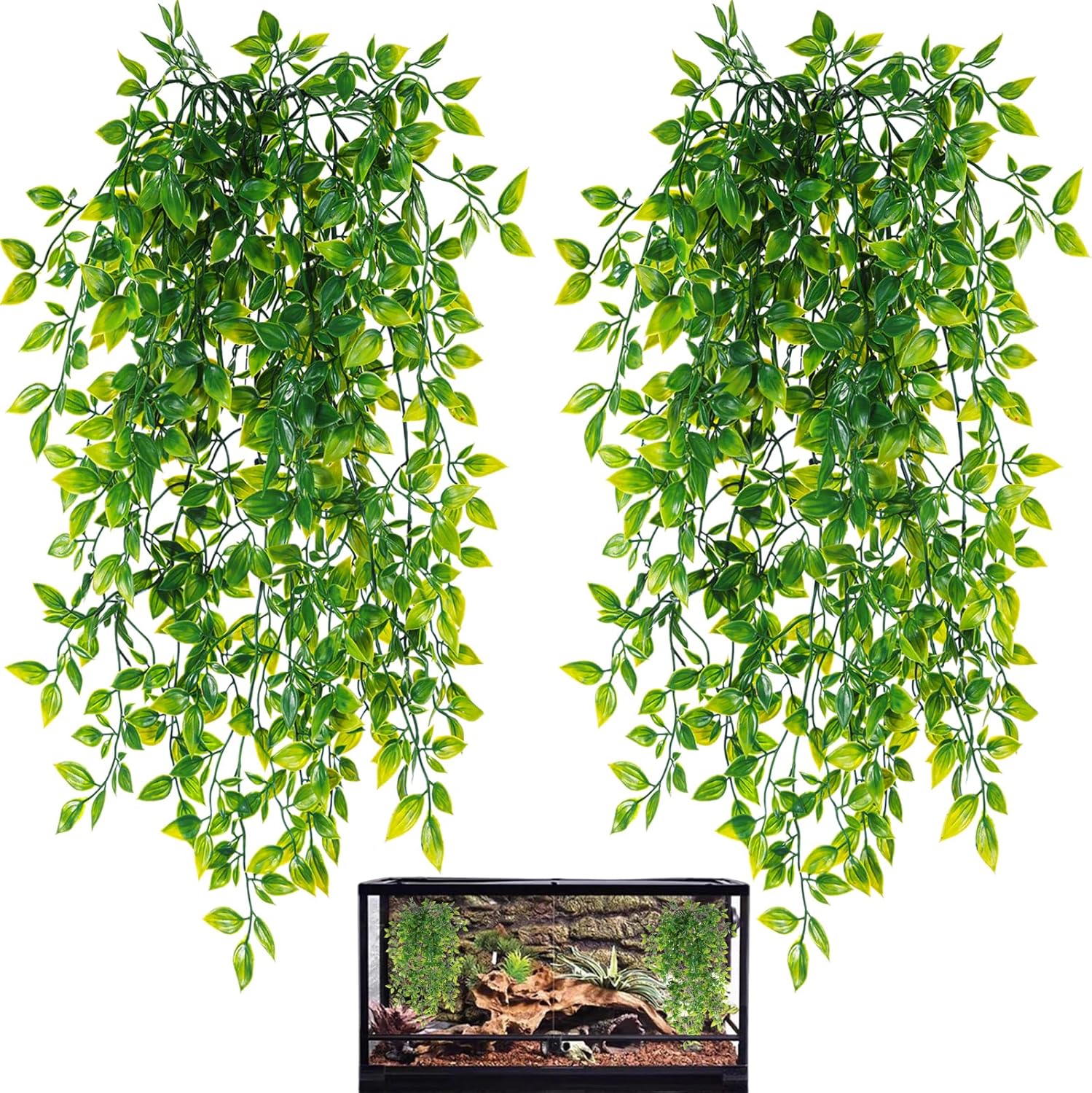 HERCOCCI Reptile Plants, 2 Pack Terrarium Hanging Plants Vines Artificial Leaves Habitat Decorations with Suction Cup for Bearded Dragon Hermit Crab Lizard Snake Geckos Chameleon