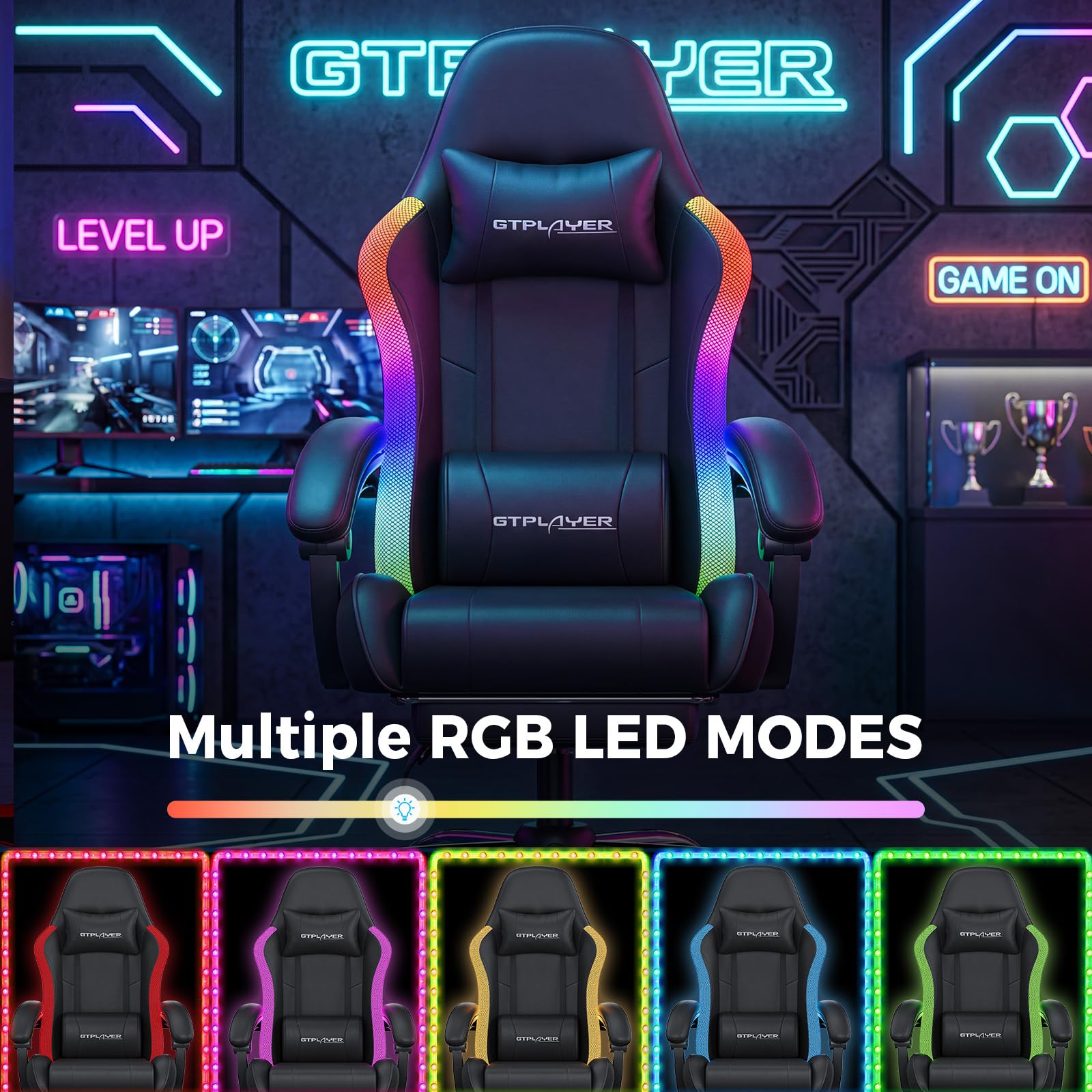 GTPLAYER Silla de gaming, silla de oficina, silla de gaming con barra de luz LED y función de masaje, silla gamer, respaldo con bolsa de almacenamiento, silla ergonómica de PC con mando a distancia