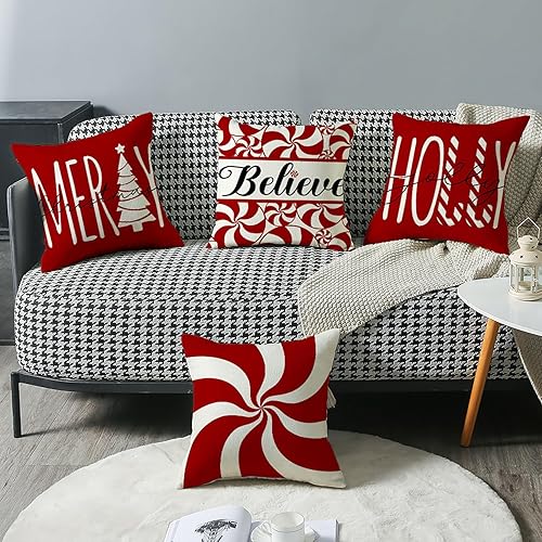 Miniatura 7 de Juego de 4 fundas de almohada navideñas de 18 x 18 pulgadas, decoraciones navideñas de granja Believe Holly Jolly Merry Christmas, fundas de