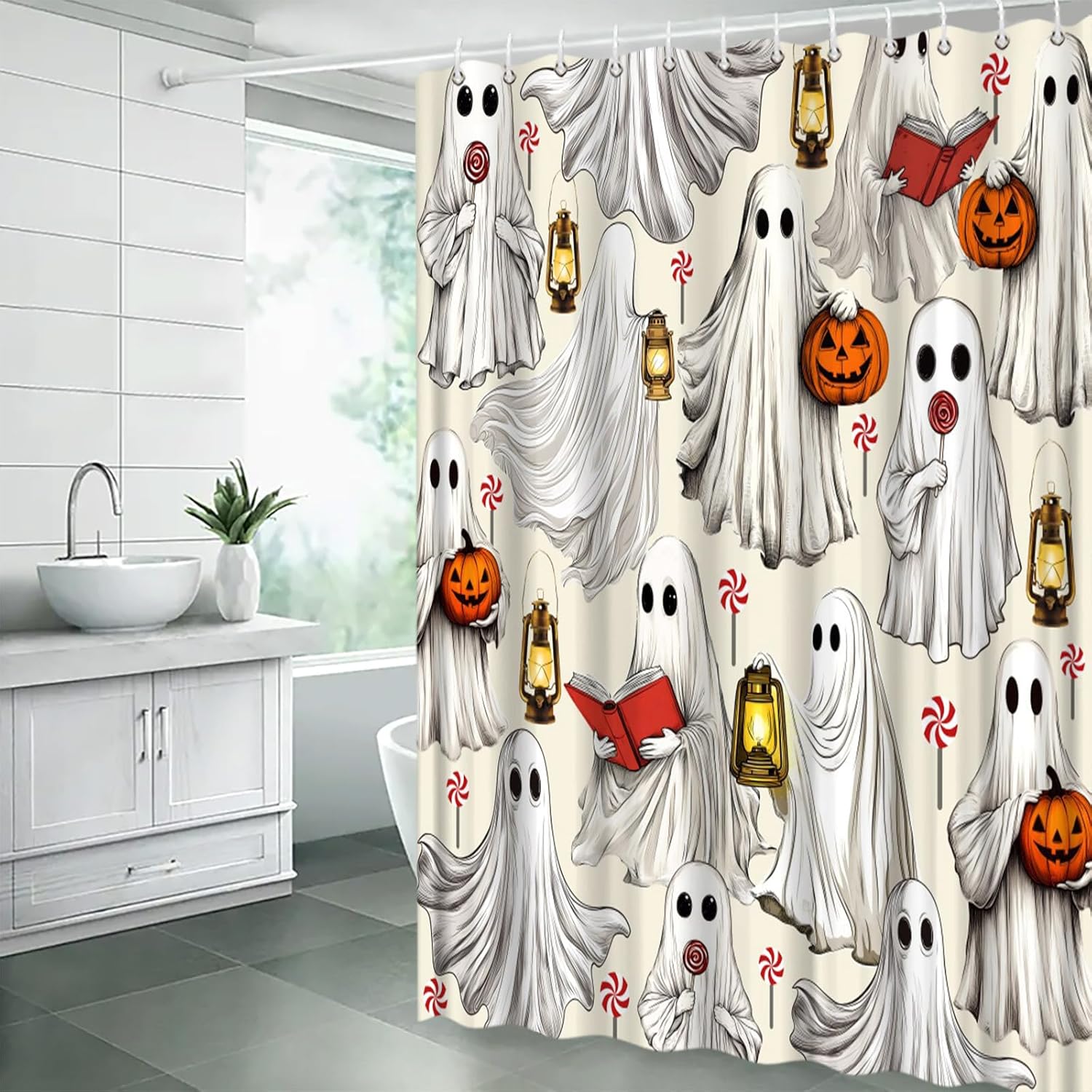 Halloween Funny Ghost Shower Curtain Beige White Spooky Scary Pumpkin Candy Book Light Cute Vintage Retro 70" Wx84 H Fabric Bathroom Decor Curtain with Hooks