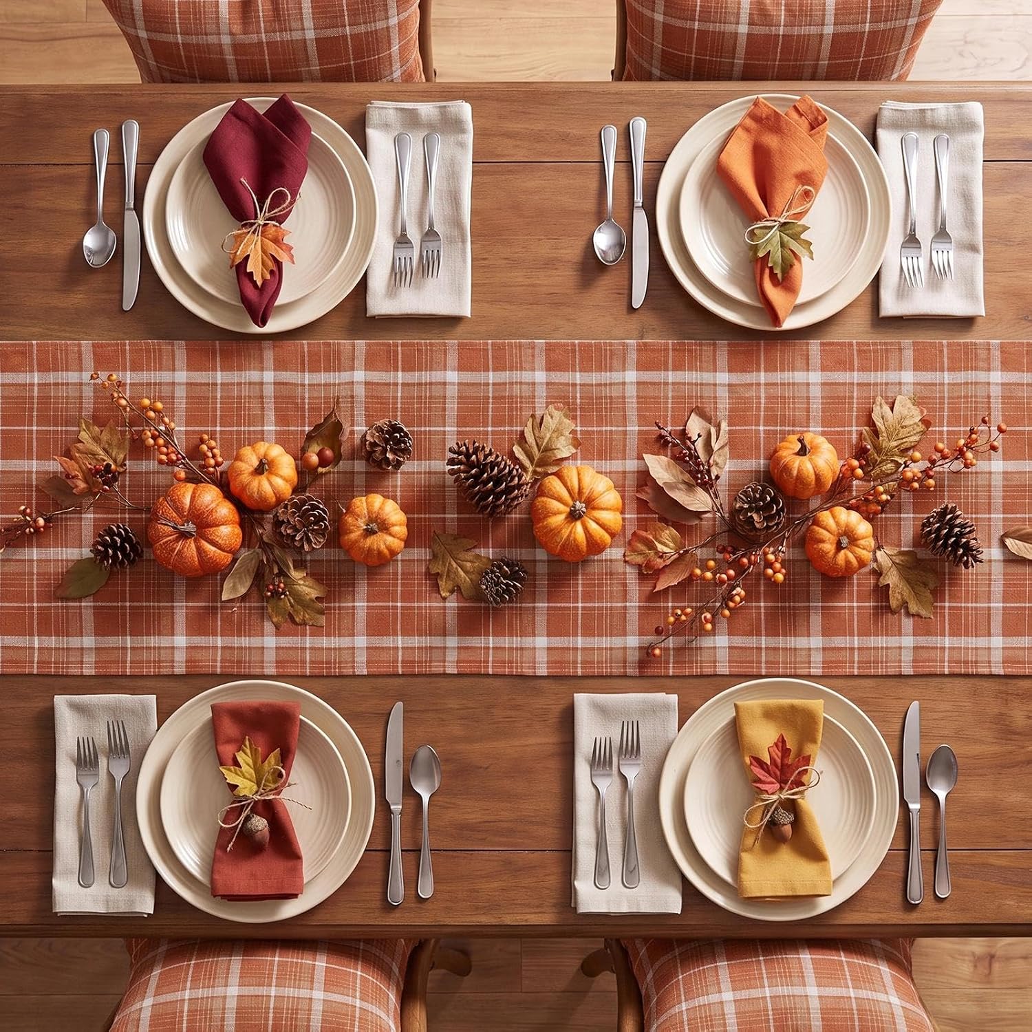 Softalker Fall Checkered Tartan Table Runner, Orange, 13 x 70 Inch