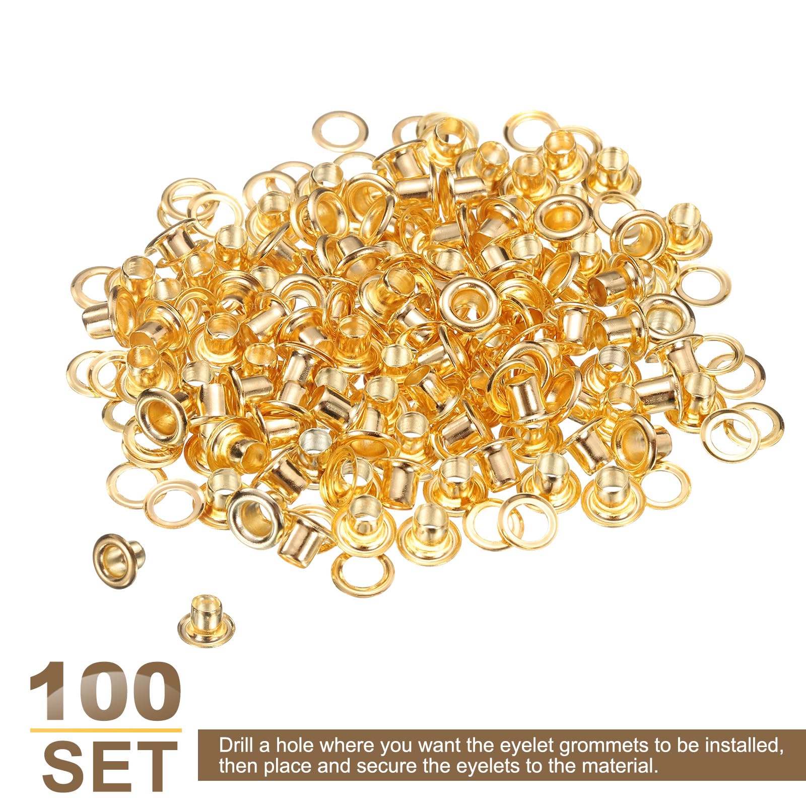 QUARKZMAN 100Set Occhielli per Teloni 3mm 1/8" Occhiello Strumento Metallici in Ottone con Rondelle per Tende in Tessuti Cinture in Pelle Scarpe Borse Fai Da Te, Oro