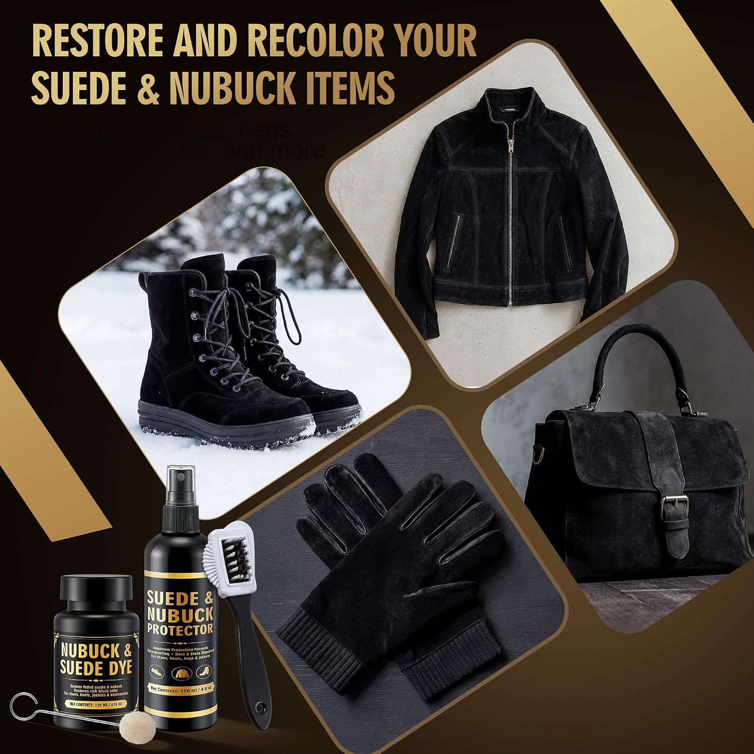 Lounsweer Black 8oz Suede & Nubuck Dye and Waterproofing Spray Kit, Restore Faded Color & Protect from Water, Oil & Stains