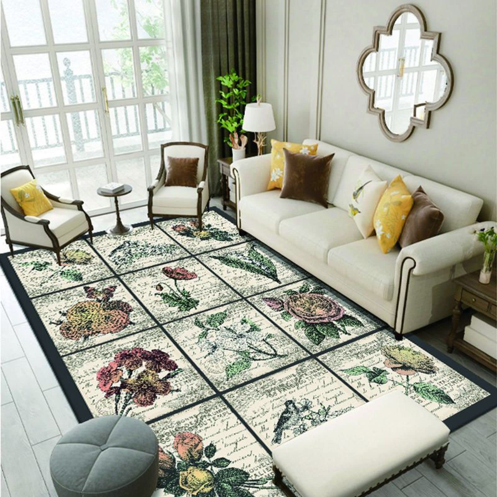 ESOUY Dywaniki domowe dywanik miękki dywan świeże brązowe i białe kwadratowe kwiaty salon sypialnia dywaniki przy łóżku 180 x 280 cm