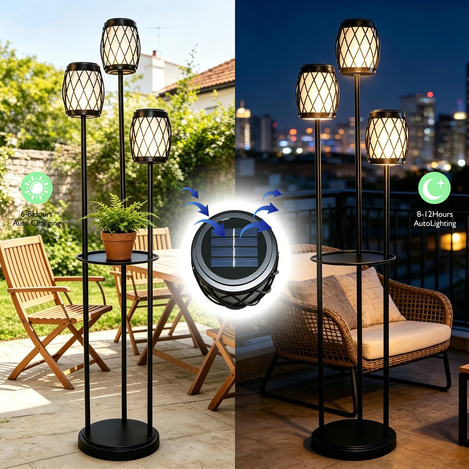 Lámpara solar de pie para exteriores, 3 cabezales, impermeable, de metal, poste con maceta y estantes, resistente al óxido, para todo tipo de clima, lámpara de pie para patio, terraza, jardín