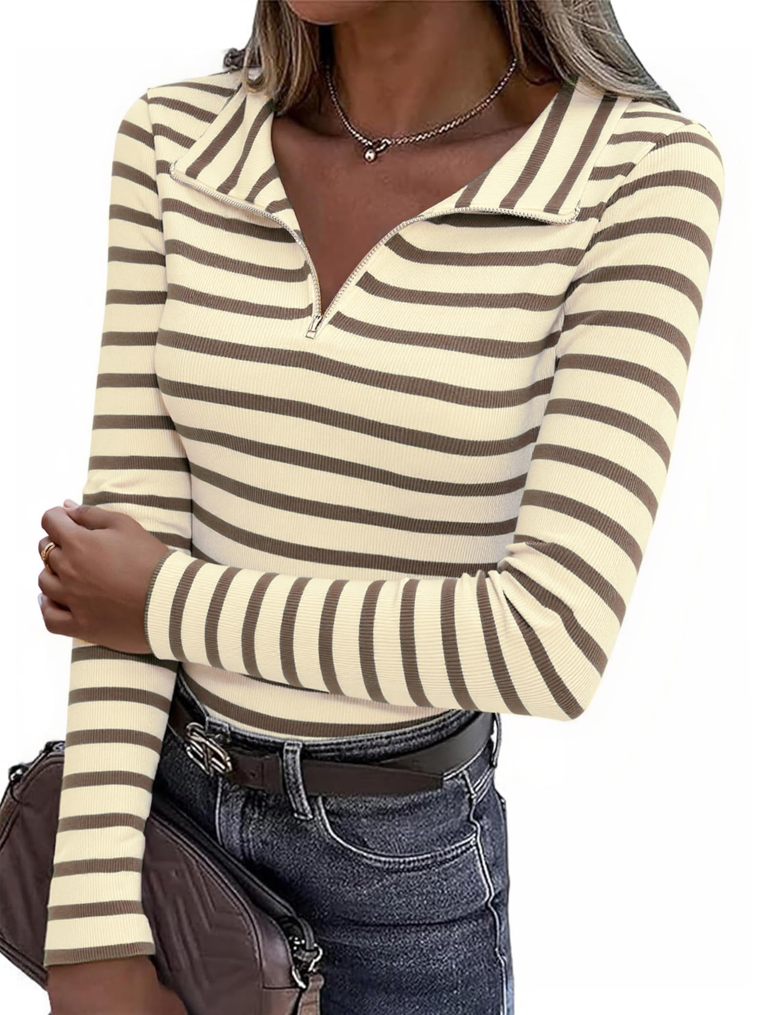 Aottori Pullover Damen Gestreiftes Langarmshirt Baumwolle Polo V-Ausschnitt Half Zip Shirt Langarm Ringelshirt Oberteile Elegant Herbst Winter Tee Shirts Tops