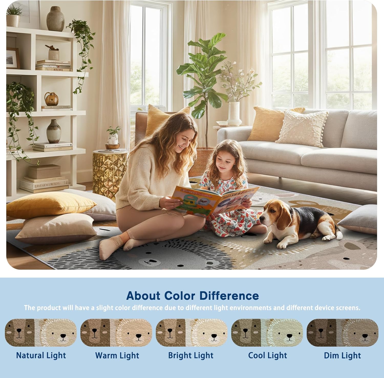 Cute Woodland Animal Rug for Kids Room - 2x3 ft Cartoon Bear Fox Lion Hedgehog Print Area Rug, Soft Non-Slip Floor Mat for Living Room, Nursery, Bedroom - Beige Brown Grey Animal Pattern Carpet