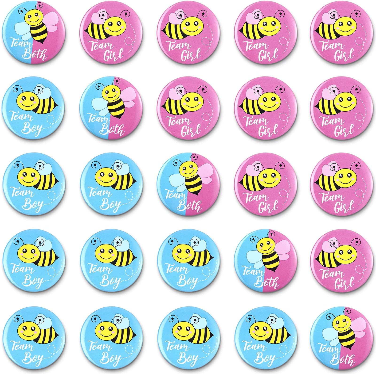 Dilunave 50 Pieces Bee Gender Reveal Button Pins Team Boy, Girl or Both Buttons Pins Badges Kit in Pink and Blue for Bee Theme Baby Shower Gender Reveal Party Game Supplies