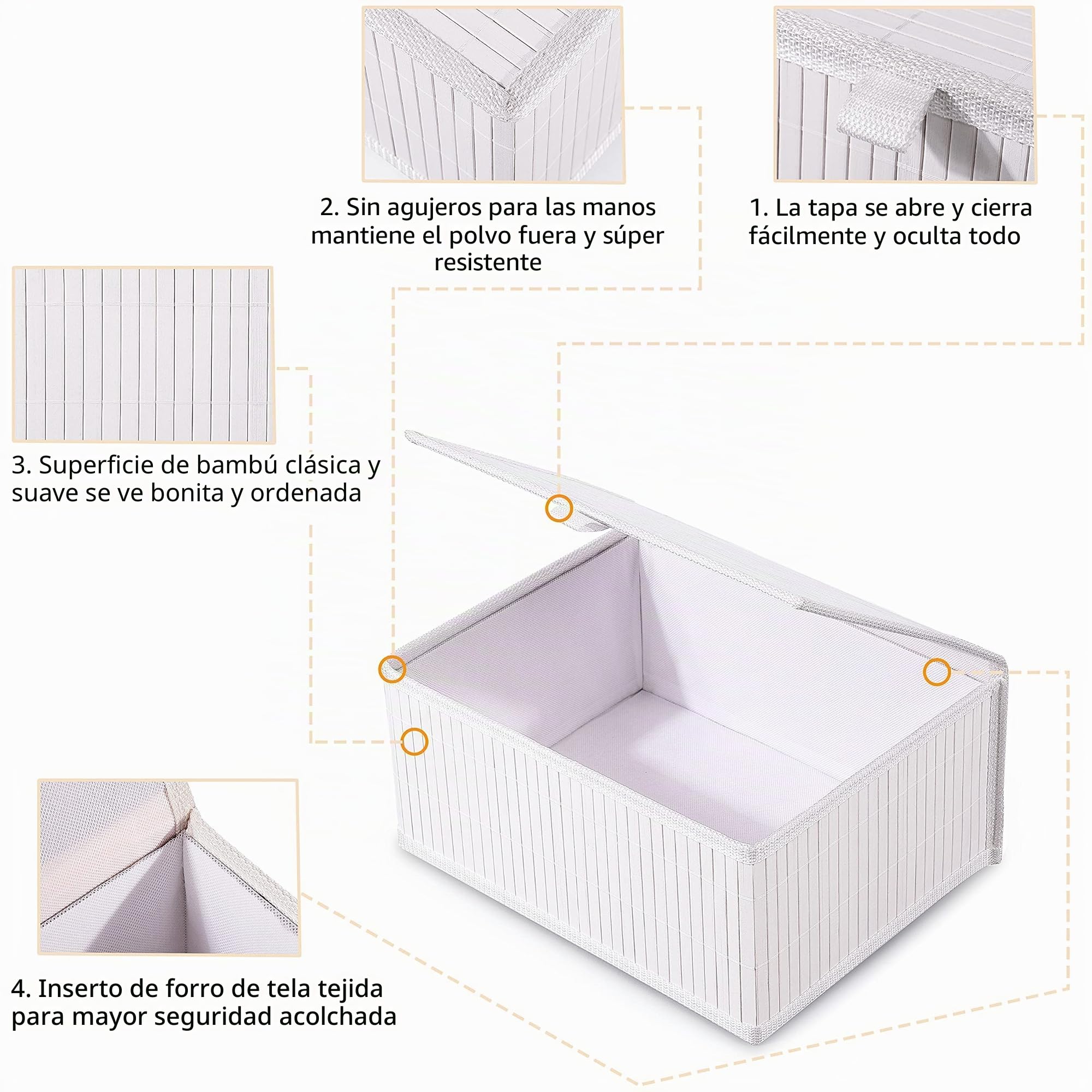 Honygebia Bambú Caja Almacenaje con Tapa - Set de 3 Cestos de Mimbre Decorativas con Forro, Almacenamiento Blanco para el Hogar, Organizadoras de Estantes de Cocina y Baño (Grande/Mediana/Pequeña)