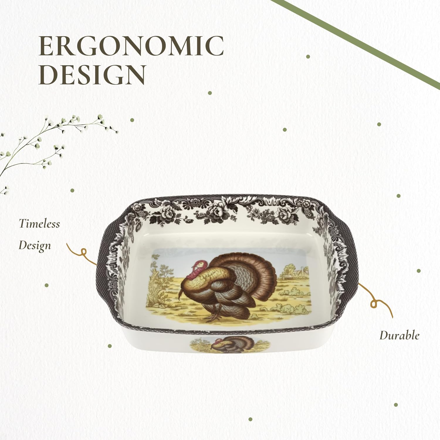 Spode Woodland 15x12" Rectangular Handled Dish - Traditional Turkey Design, British Flowers Border, Fine Porcelain Bakeware for Lasagne & Bakes, Dishwasher, Microwave, Freezer & Oven Safe
