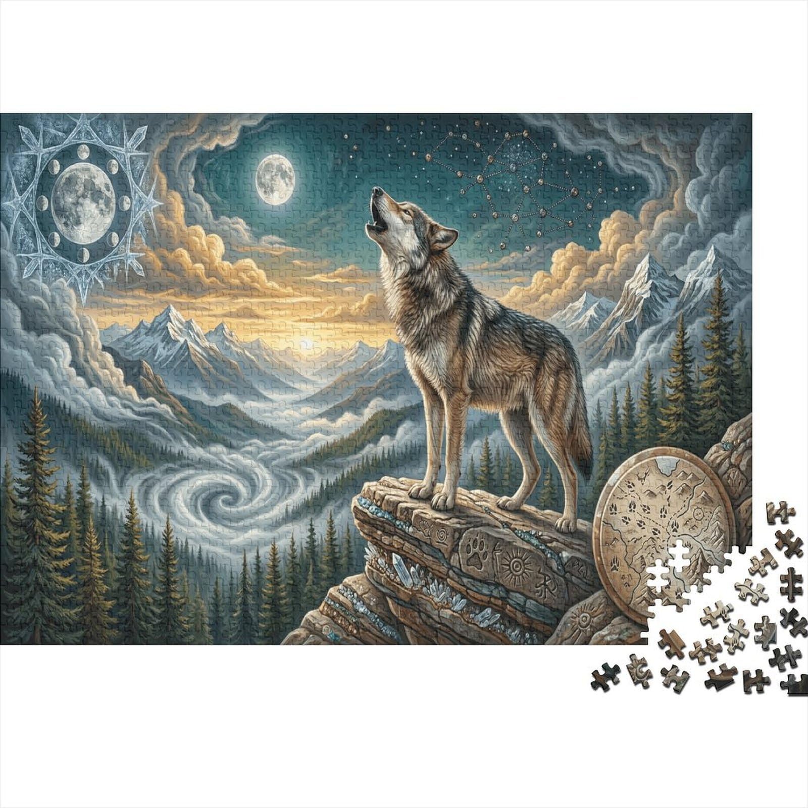 Howling Wolf 1000 Piece Jigsaw Puzzle Dual Moons Concentration Training Leisure Time for Dad 38x26cm/1000pcs