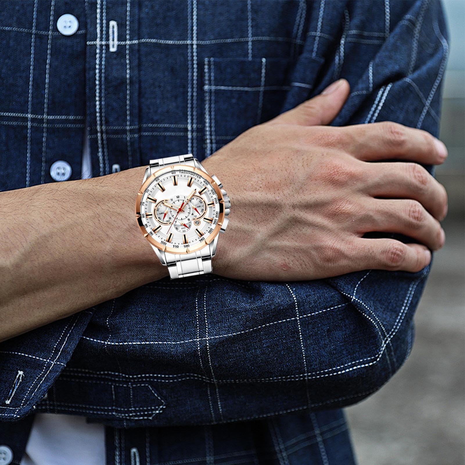 Zegarek biznesowy, klasyczne męskie zegarki chronografowe, obudowa ze stopu, pasek ze stali nierdzewnej, elegancki pasek mechaniczny, idealne akcesoria do odzieży biznesowej dla nauczycieli i