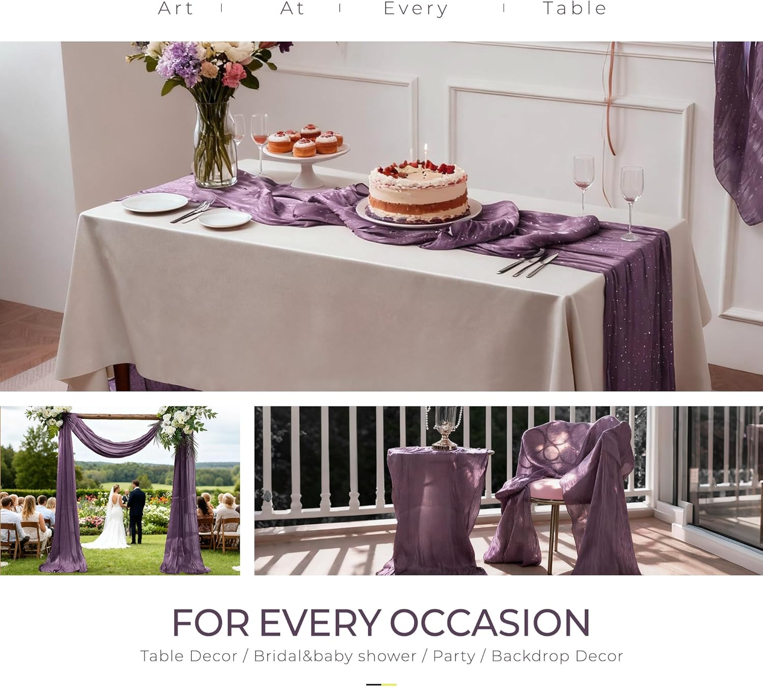 Leetaltree Dazzle Table Runner with Hot-fix Rhinestones-Luxury Scarf Table Runner 120 Inch 10FT -Elegant Gift Set with Card for Wedding,Christmas, Holiday & Home Decor (Purple, Set of 3)