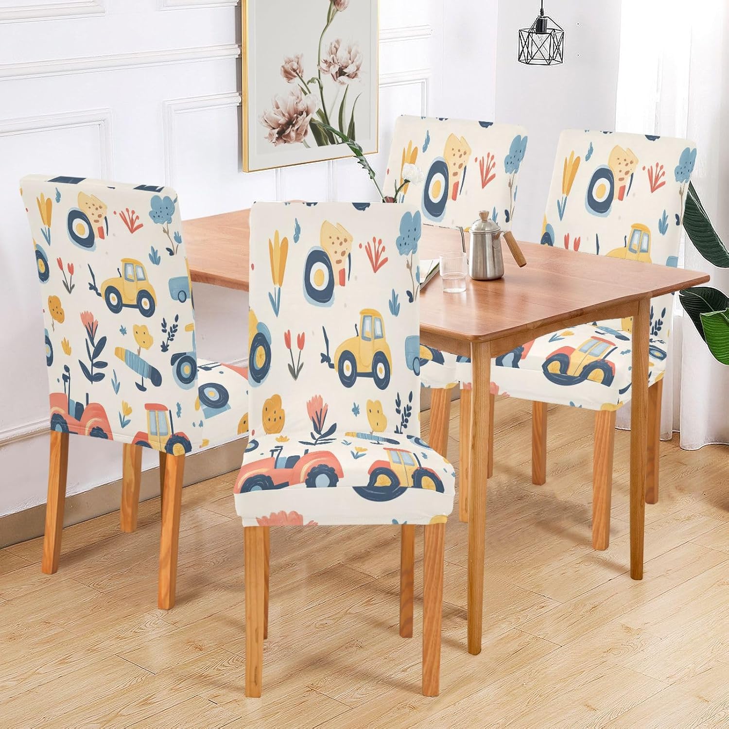 ALAZA Chair Covers for Dining Room, Cute Tractor and Vehicle Floral Stretch Chair Cover Sets Chair Protector Removable Washable for Ktichen Restaurant Hotel