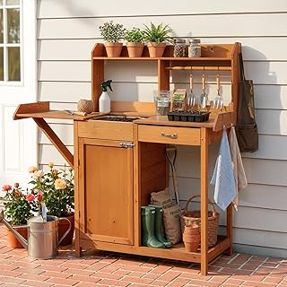 OOOK Potting Bench, Nordic Scots Pine Potting Table with Sink and Storag...