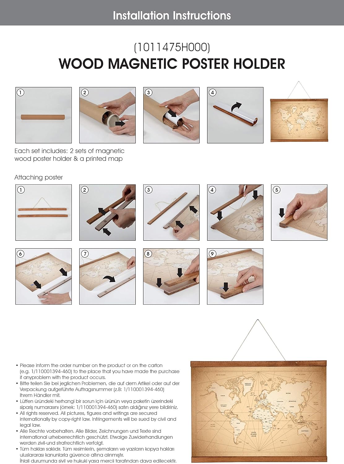 M&T Displays Wood Magnetic Poster Holder 11 inch Dark Wood Hanger Frame for Hanging Picture Wall Artwork Canvas Painting Photo World Map Beech Wood for Office Classroom