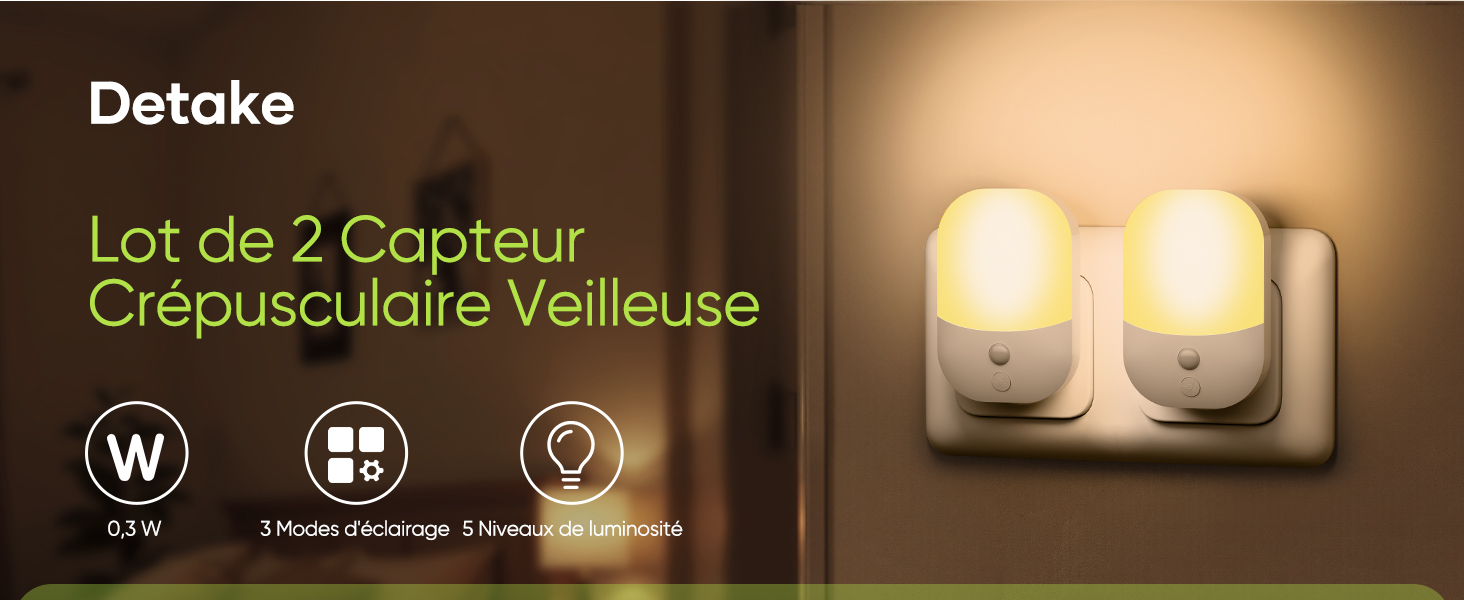 Lot De 2 Veilleuses LED Avec Capteur Crépuscule – 5 Luminosités, Mode AUTO, 3000K Blanc Chaud 0,3W