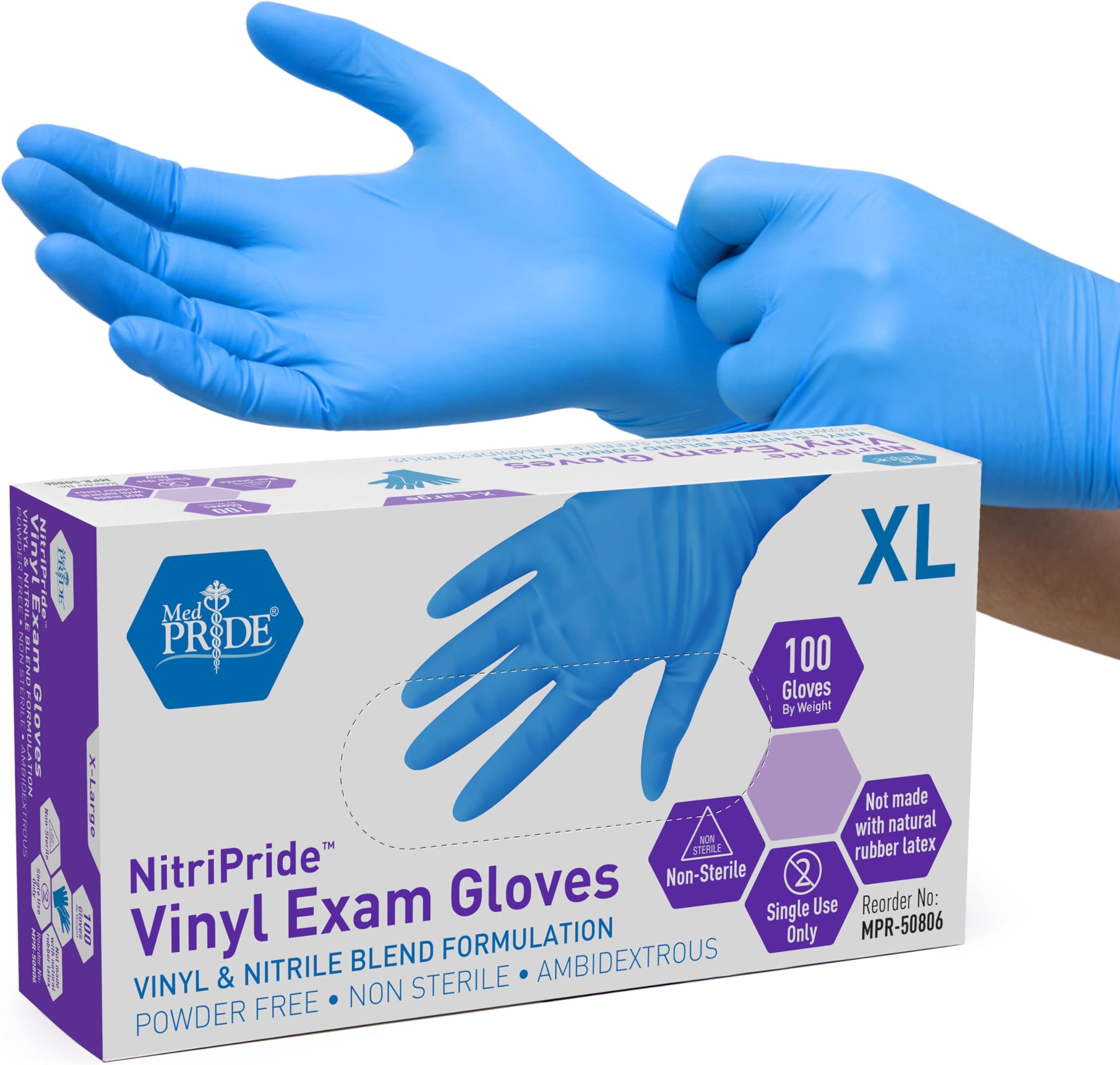 MED PRIDE Synthetic Nitrile and Vinyl Blend Exam Gloves, XL 100, Powder Free, Latex Free, and Rubber Free, Single Use Protective Gloves, Non-Sterile for Medical, Kitchen, Cleaning and More