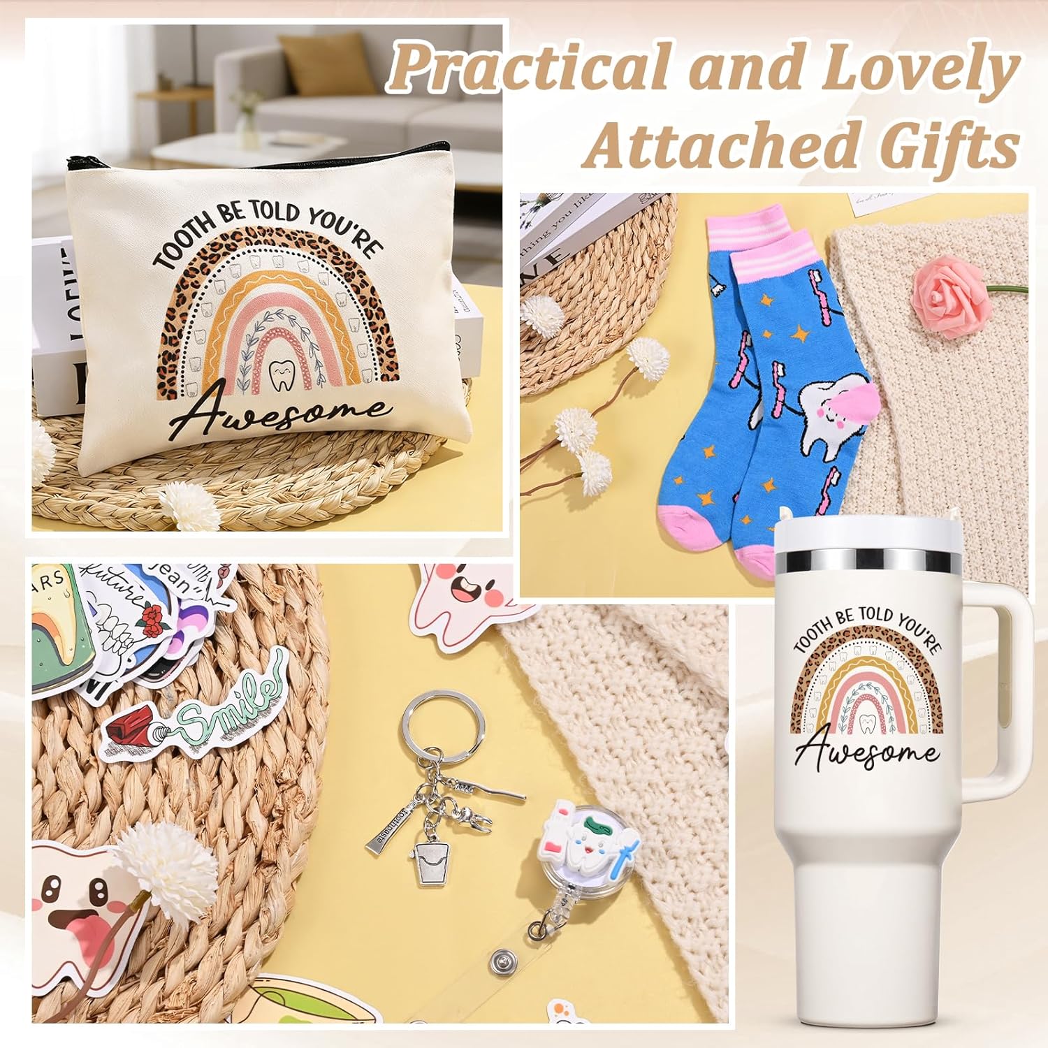 Qtencas Dental Assistant Appreciation Gifts, Tooth Be Told You Are Awsome 40oz Tumbler with Keychain, Socks, Badge Reel, Make Up Bag and Stickers, Dental Assistant Gifts for Coworkers, Creamy - Image 6