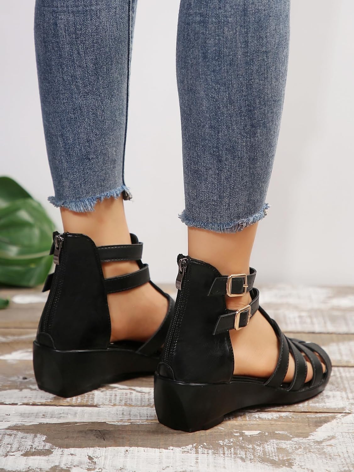 Women Black Leather High Top Gladiator Sandals,Summer Peep Toe Hollow Back Zipper Dressy Flat Roman Sandals Wedges Sandals - Image 5