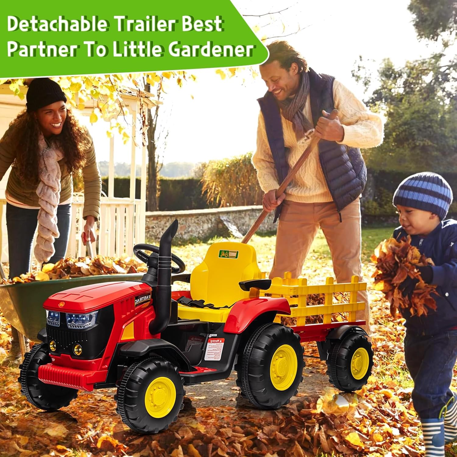 Child and adults using the tractor with its detachable trailer for gardening activities.