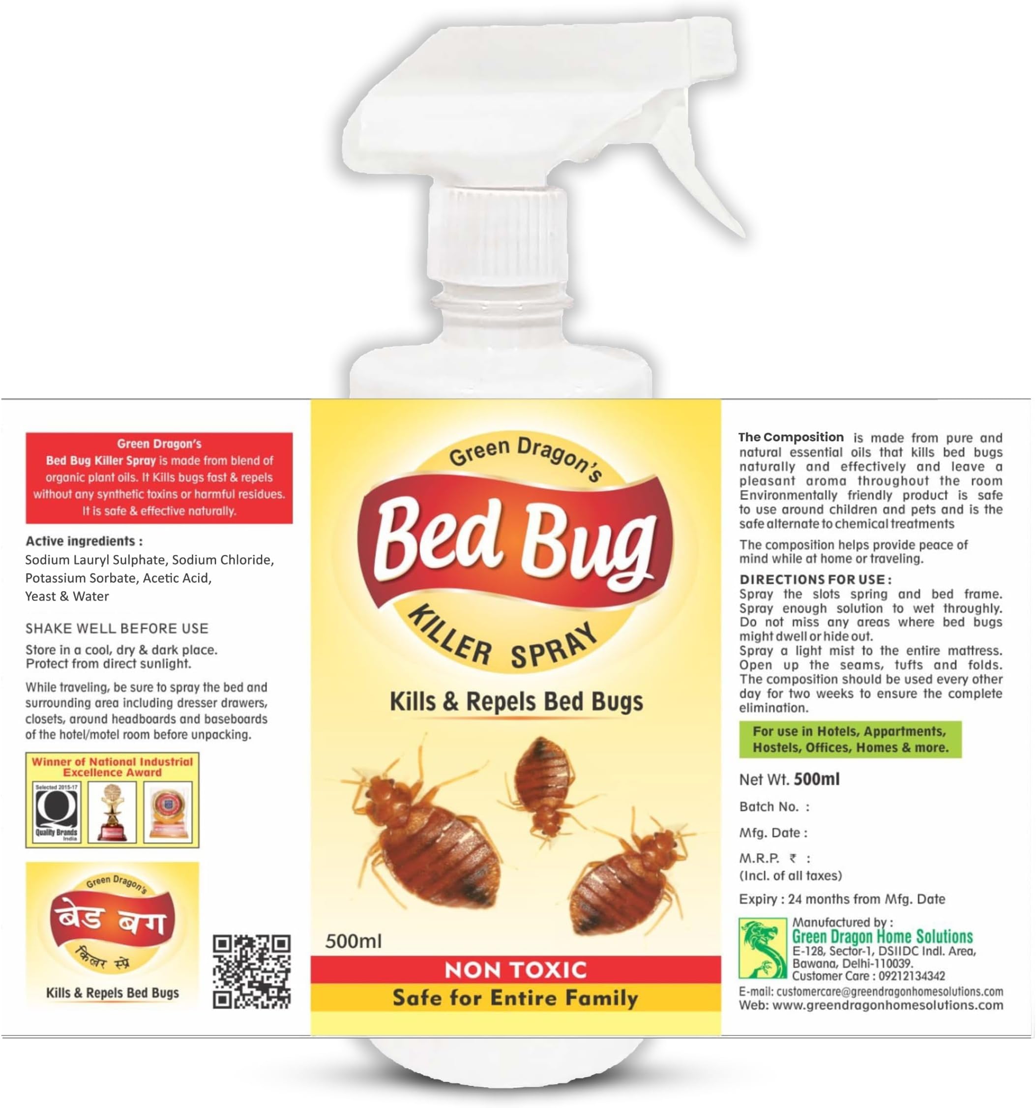 Natural & Organic | Bed Bug Killer Spray 500ml | Bed Bug Killer and Insect Repellent - with Natural Essential Oils - Pet and Family Safe