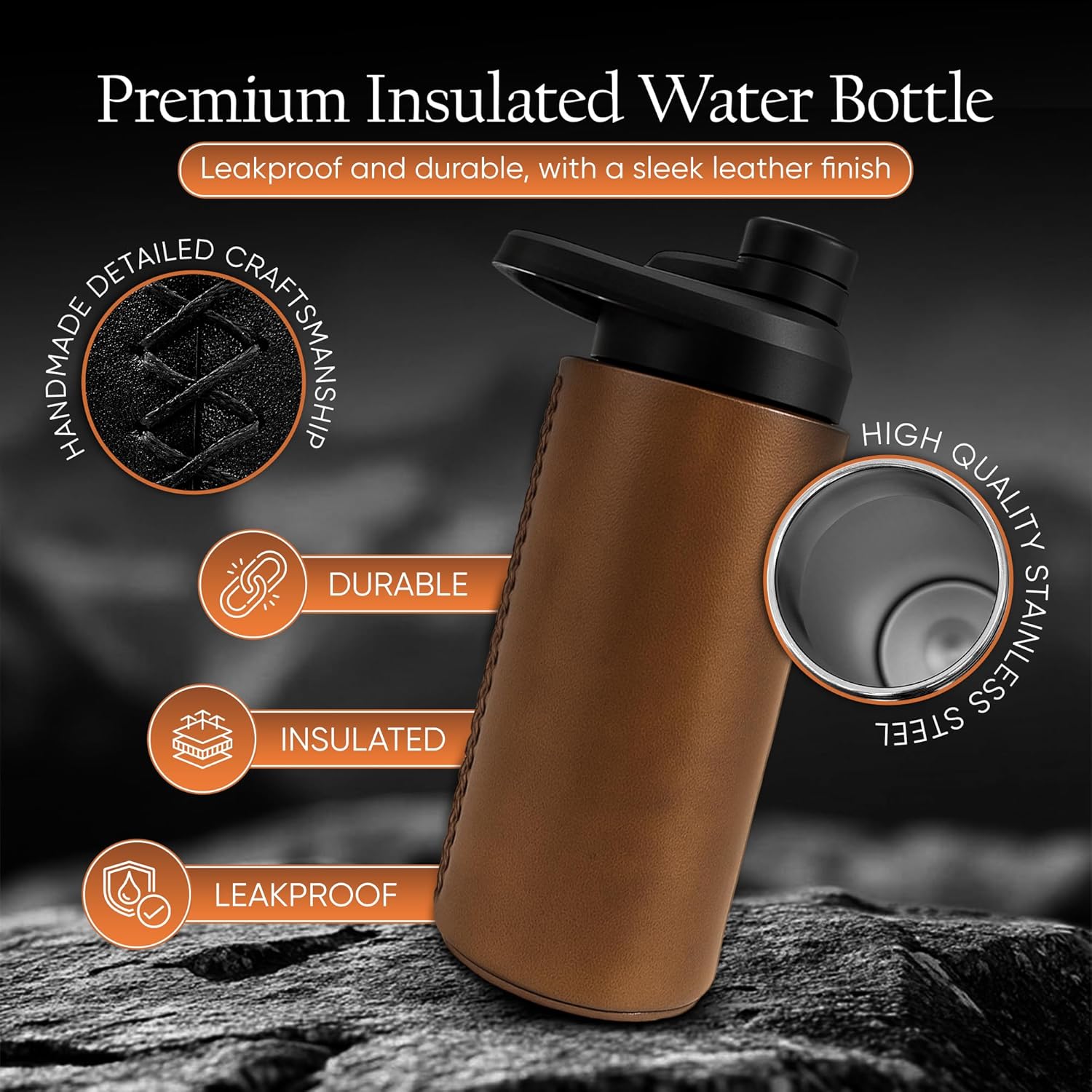 18oz leather stainless steel water bottle (brown) - Image 3