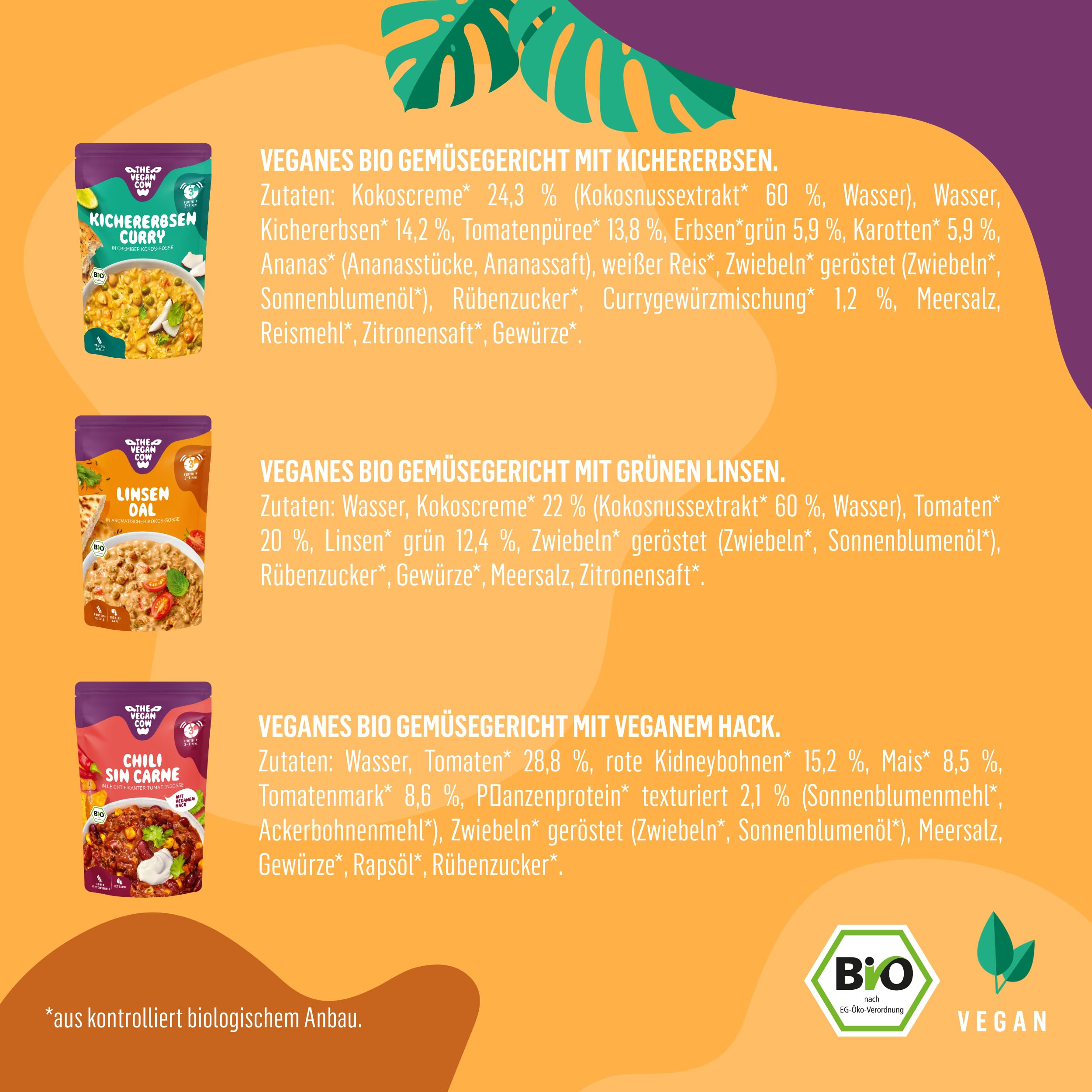 THE VEGAN COW | Probierpaket | 3 Bio-Fertiggerichte | Chili sin Carna | Linsen Dal | Kichererbsen Curry | Proteinreich & allergenfrei | 100% plfanzlich | ohne künstliche Zusätze | lange Haltbarkeit