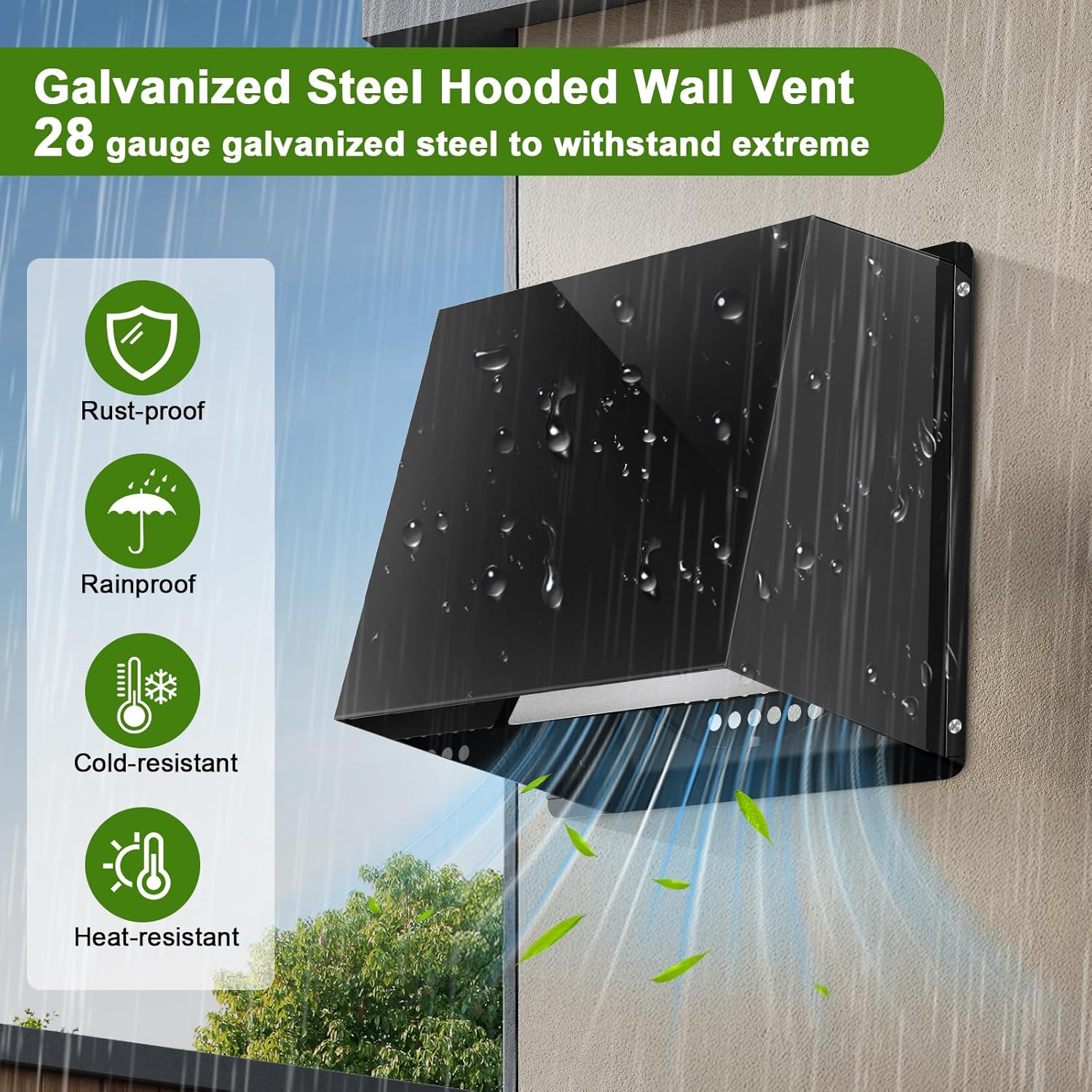 6 Inch Hooded Wall Vent, Dryer Wall Vent Cover Outside with Screen and Damper, Wall Exhaust Vent Cover, Outdoor Air Vent Cap for Range Hoods/Kitchen/Bathroom/Laundry/Basements/Garages, Black