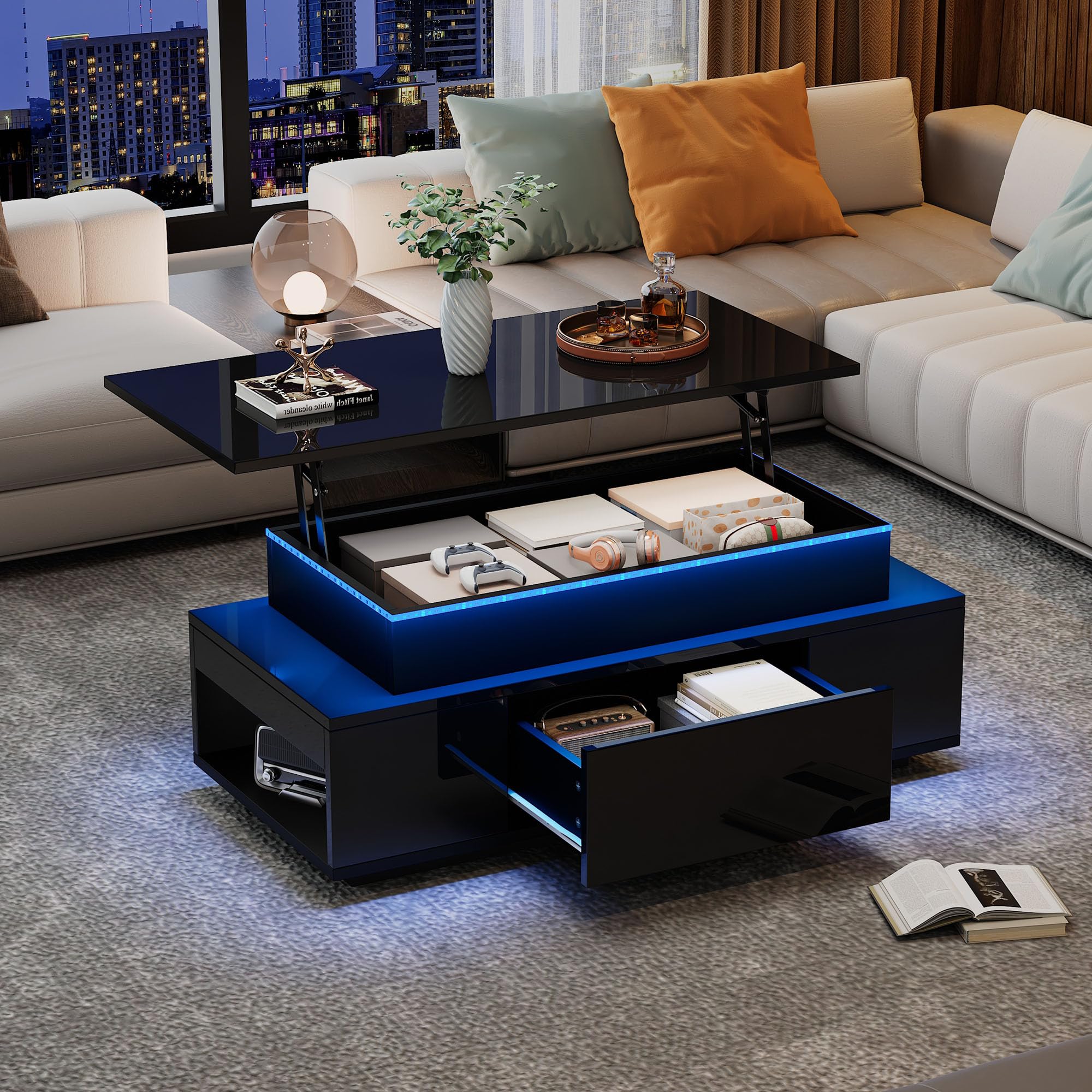Coolfish Lift-Top Coffee Table, Highgloss Centre Table w/Drawers & LED Light, Hidden Storage Space, Lifting Sofa Side Table, End Table,Tea Table, For Living Room Office 96 x 45 x 40 cm Black