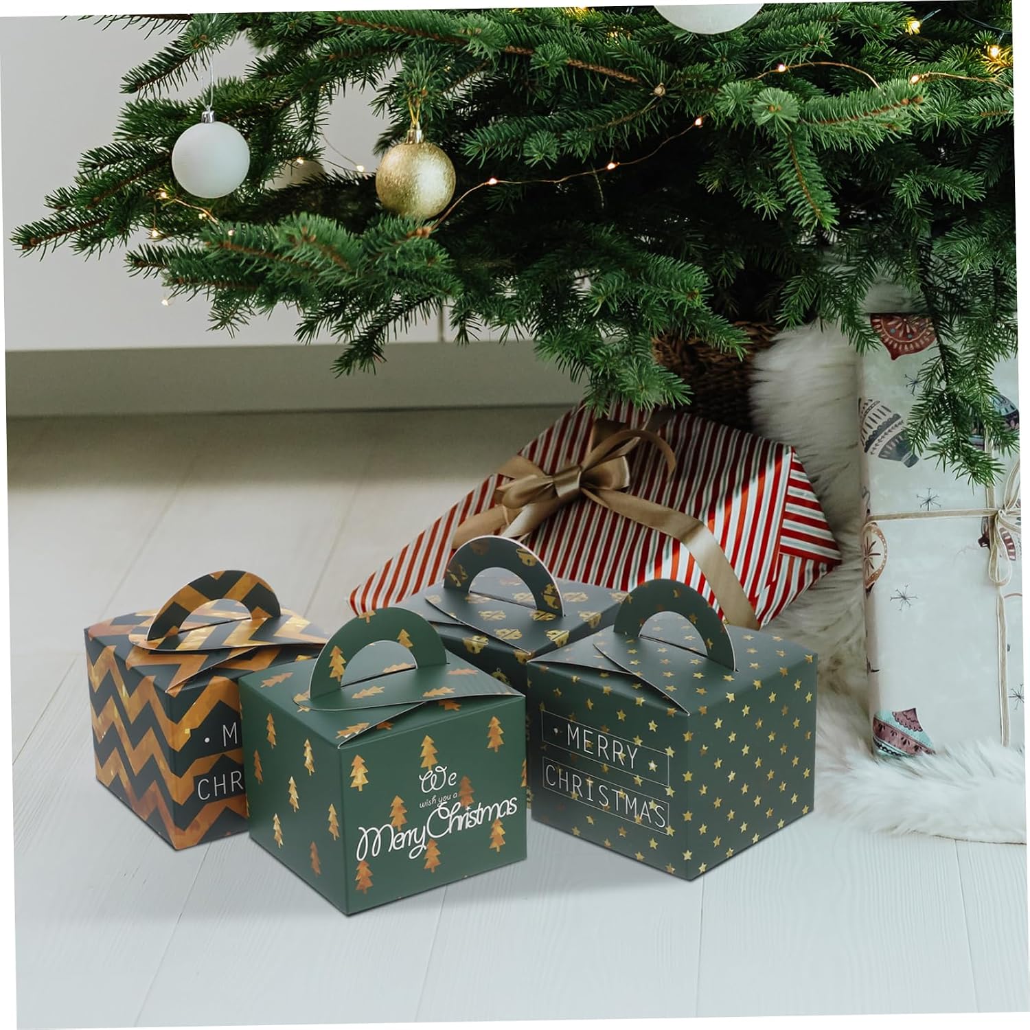 12pcs Christmas Boxes with Handle, Eco-friendly Colored Paper Candy Box