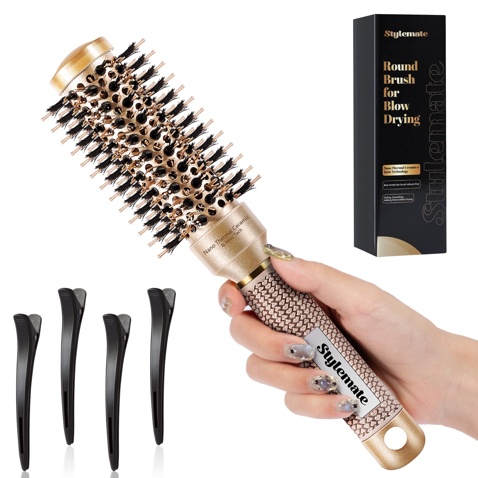 Round Brush for Blow Out, Nano Thermal Ceramic Ionic Tech Round Barrel Hair Brush with Boar Bristles, Roller Brush for Blow Drying and Styling,