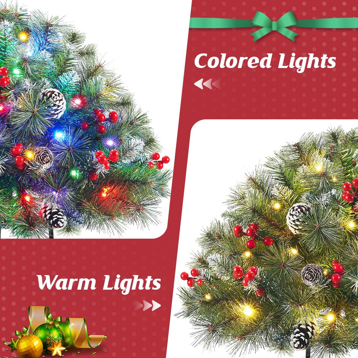 Outdoor Christmas Tree Frosted Urn Filler 2 Set, Prelit Artificial Flocked Xmas Tree with Cones & Red Berries for Porch Yard, Small Christmas Tree with 50 Warm & Colorful Lights (Silver)