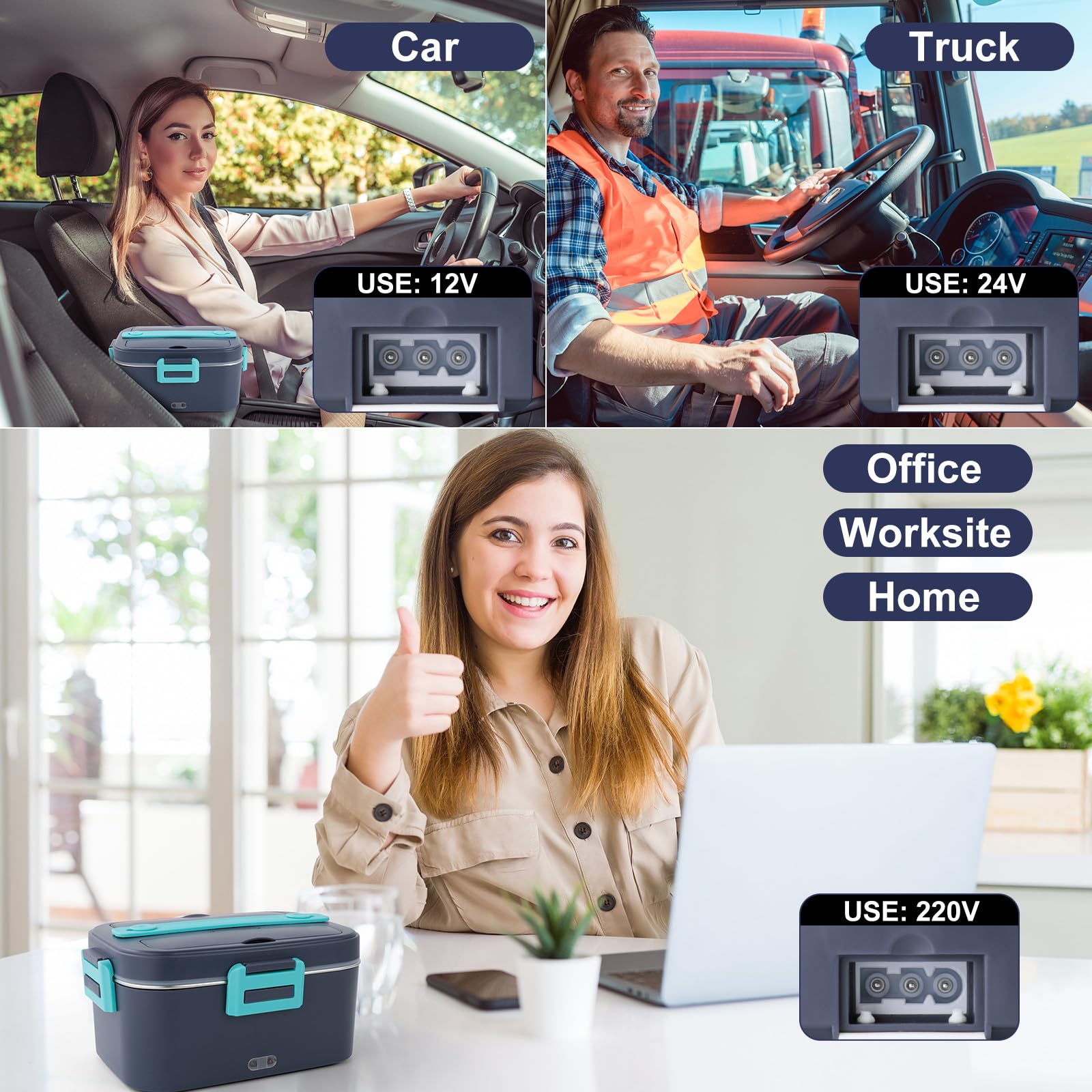 Romon Scaldavivande Elettrico Portatile, 1.8L Porta Pranzo Termico 3 in 1(12V/24V/220V) per Auto Camion e Ufficio Lunch Box Riscaldatore 75W Scalda Vivande Portatile con Forchetta e Cucchiaio