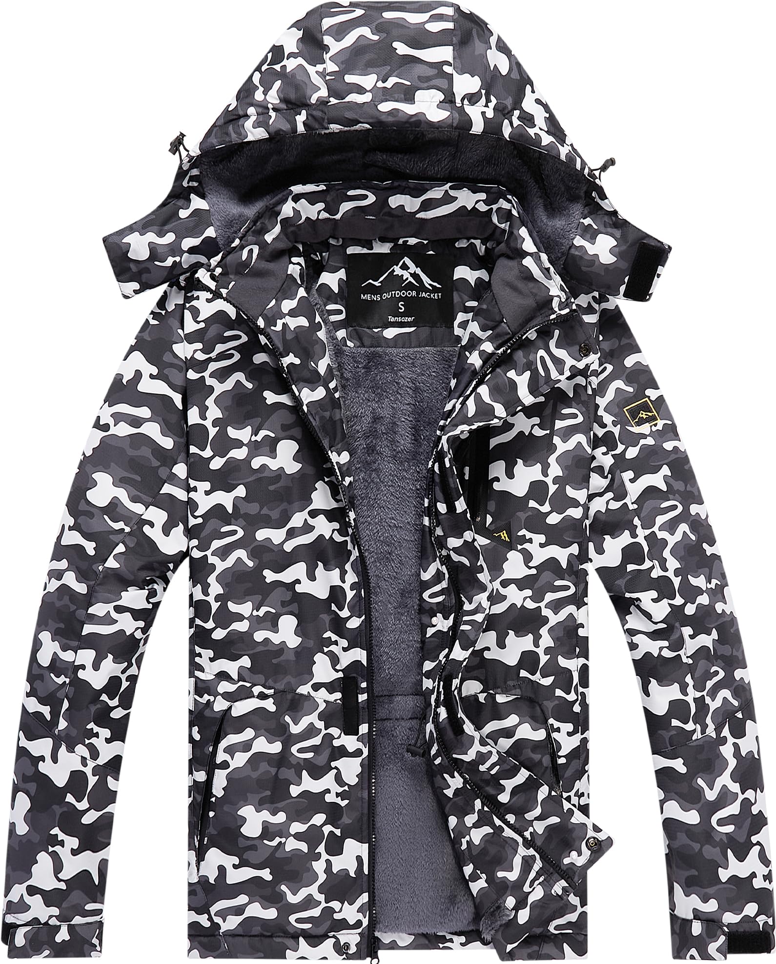 Tansozer Herren Wind- und Wasserdichte Winterjacke Warme Skijacke Gefütterte Outdoorjacke mit Abnehmbarer Kapuze (Camouflage Schwarz, L)