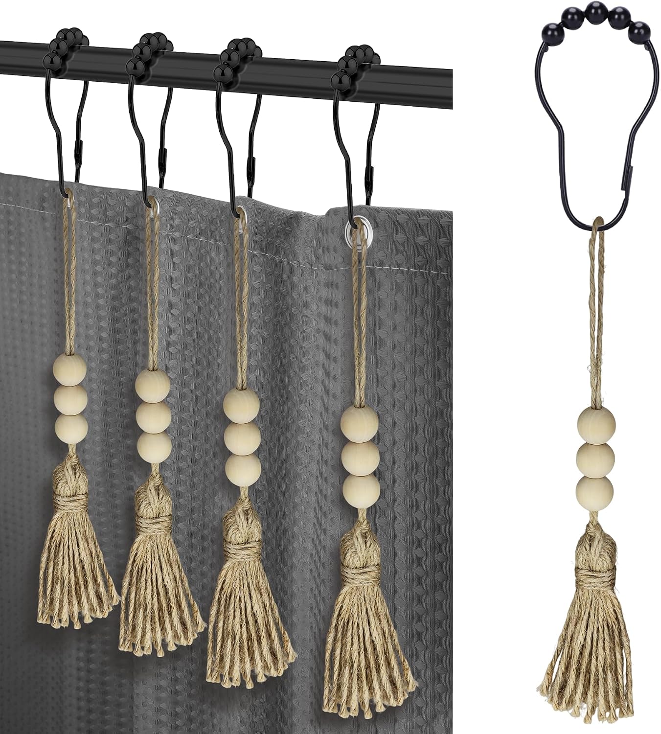 Boho Shower Curtain Rings for Bathroom Decor, Set of 12 Decorative Black Shower Curtain Hooks with Wood Beads Tassel, Silent Smooth Stainless Steel Rust Resistant Shower Rings (Black with Tassel)